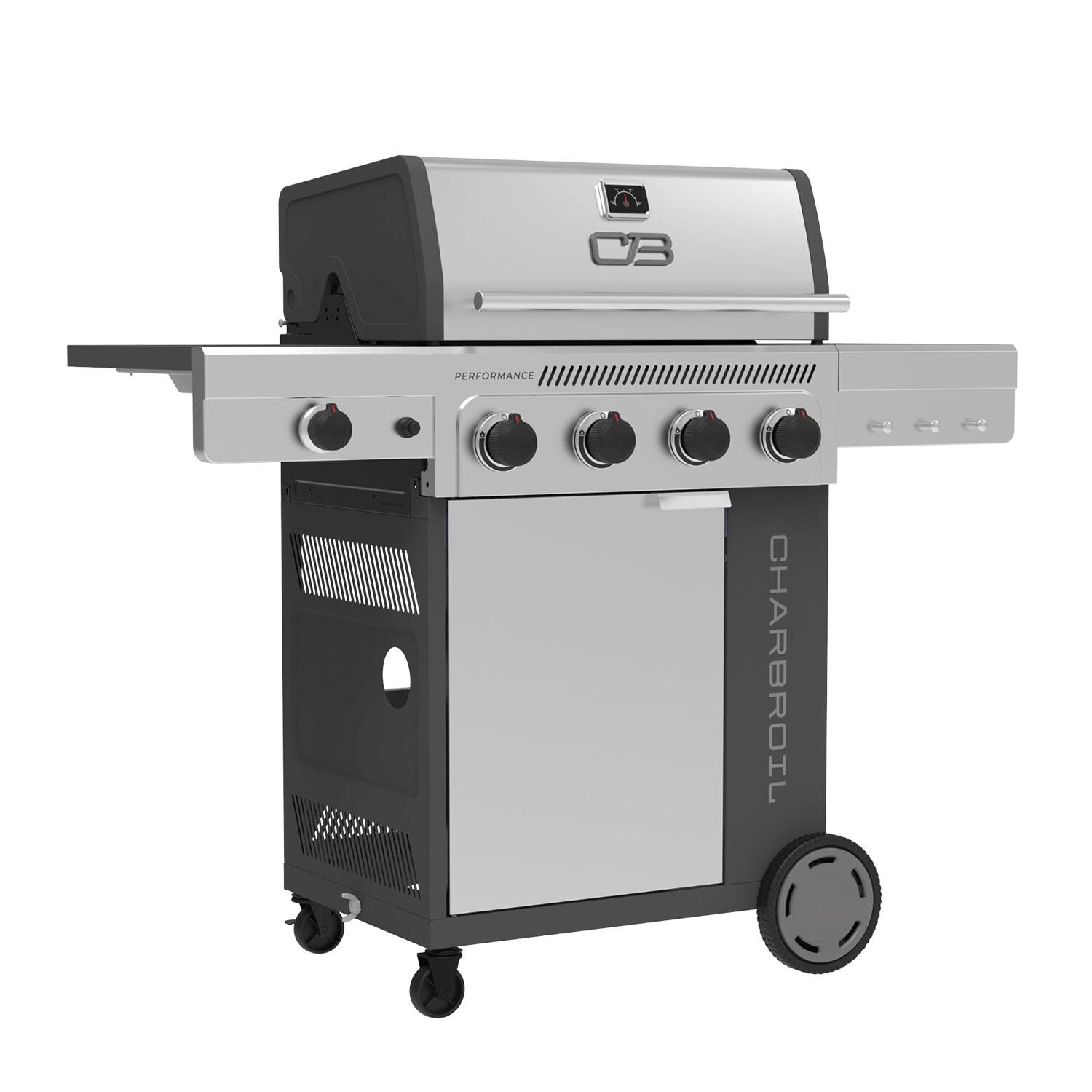 Charbroil 463348725 Performance Series 4-Burner Propane Grill Cabinet W/ Side Burner - Stainless Steel - Right Angle - White Background thumbnail