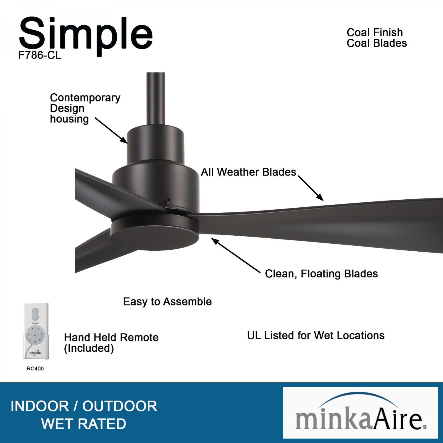 Minka-Aire F786-CL Simple 44-Inch 3-Blade Ceiling Fan in Coal Finish w/ Coal Blades - Details thumbnail
