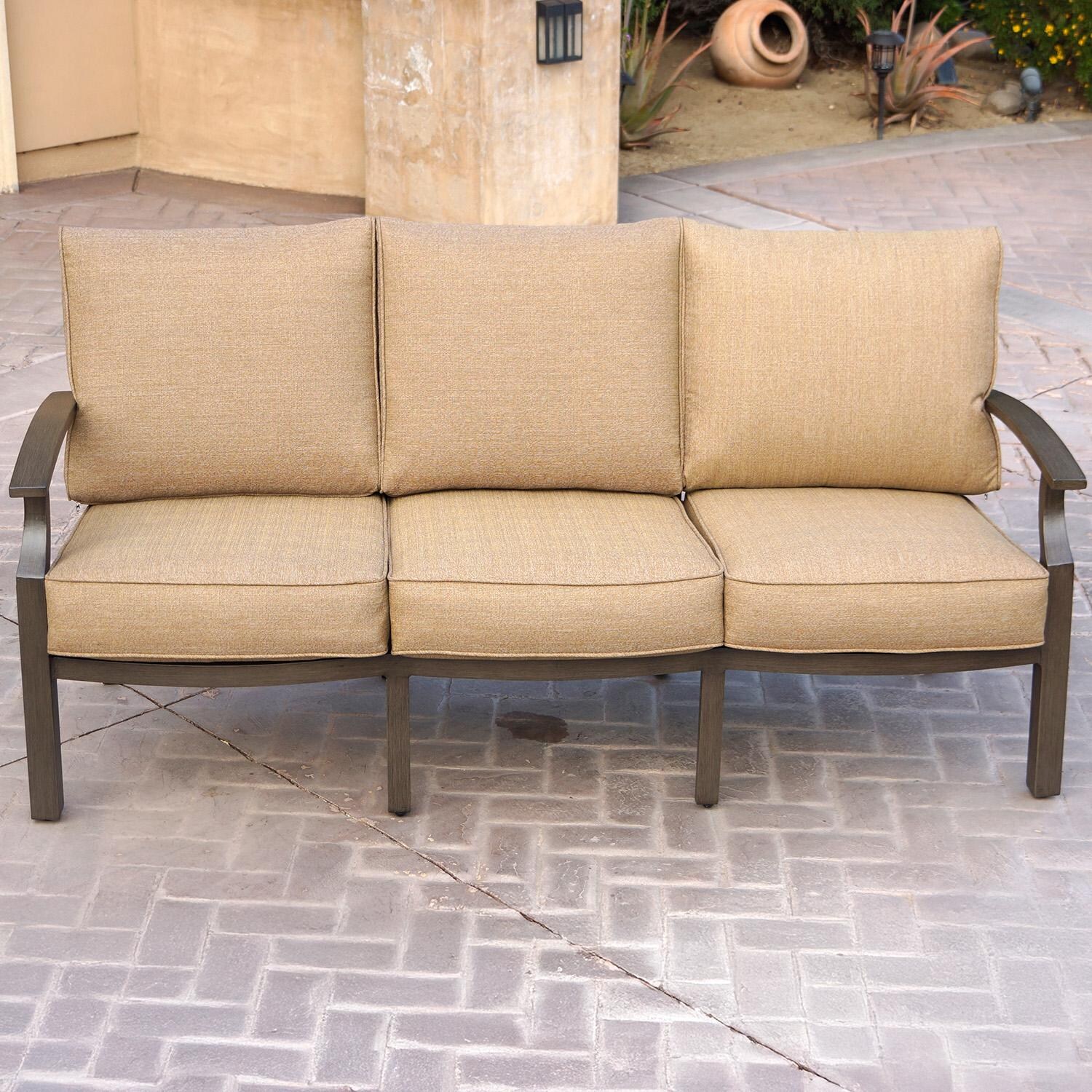 Brooklyn 6 Pc Aluminum Fire Pit Seating Set w/Ottomans in Multi-brown/Sesame by Darlee - Sofa - Lifestyle thumbnail