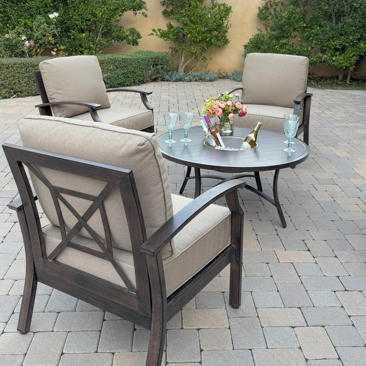 Atlantis 5 Pc Aluminum Seating Set w/ 2 Club Chairs, 2 Swivel Rocker Club Chairs & Ice Bucket in Walnut/Beige by Darlee - Chair Rear - Lifestyle thumbnail
