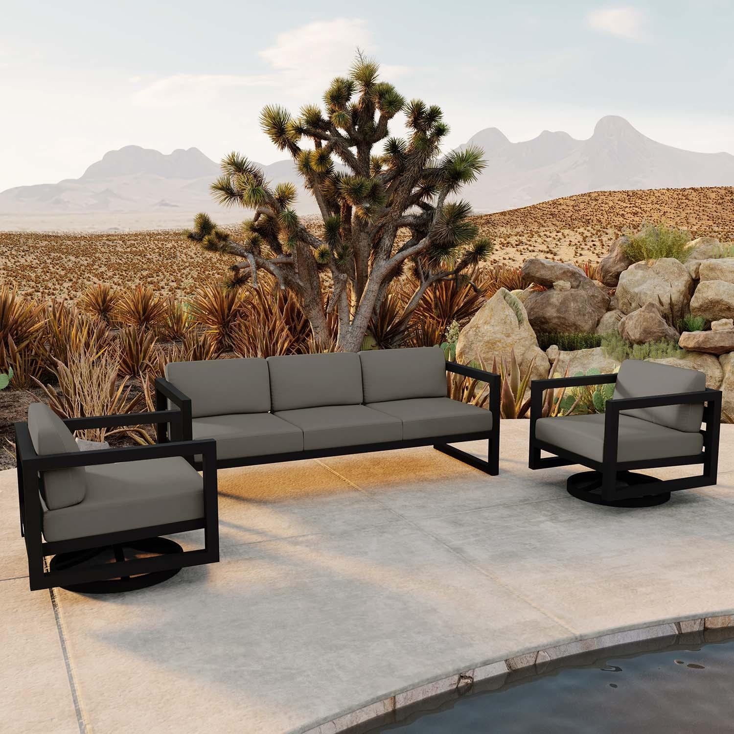 Misty Cove 3 Pc Aluminum Sofa Seating Set w/ Swivel Chairs in Black/Canvas Charcoal by Lakeview Outdoor Designs - Angled - Lifestyle thumbnail