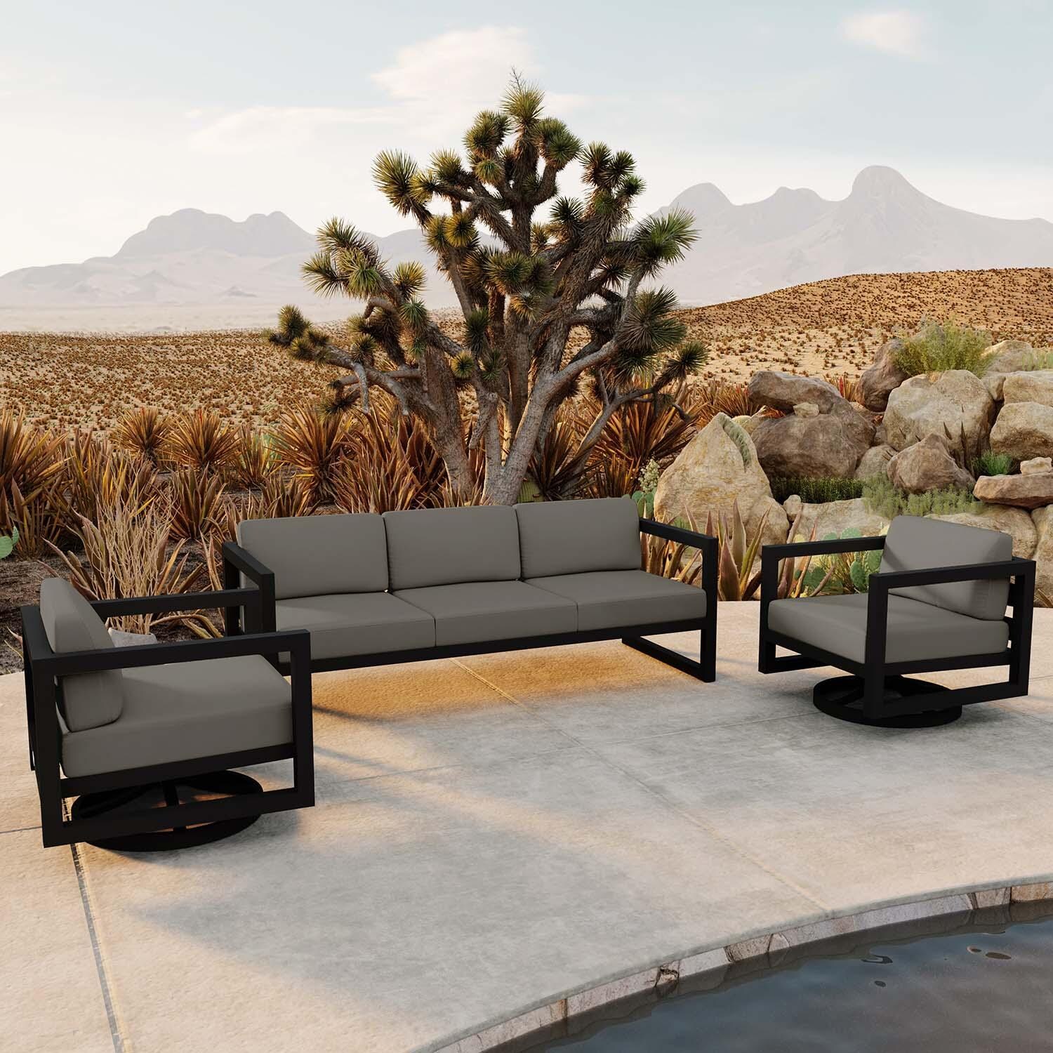 Misty Cove 3 Pc Aluminum Sofa Seating Set w/ Swivel Chairs in Black/Canvas Charcoal by Lakeview Outdoor Designs - Angled - Lifestyle thumbnail