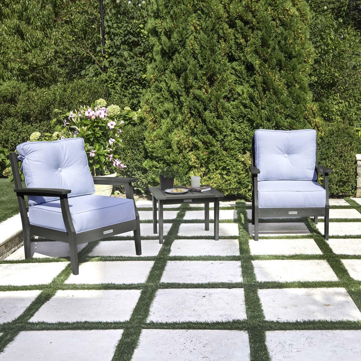 Blushing Bay 3 Pc Recycled Plastic Seating Set in Bliss Dew/Coastal Teak by Lakeview Outdoor Designs - Angled Left - Lifestyle thumbnail