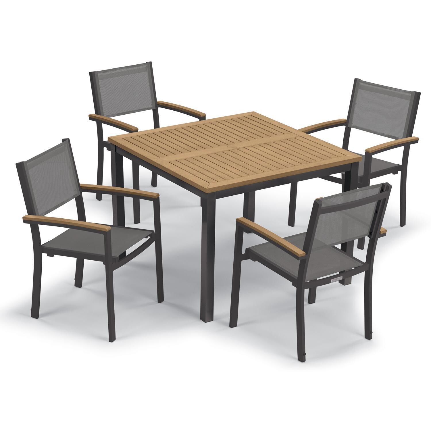 Oxford Garden Travira 5 Pc Composite Sling & Aluminum Dining Set W/ Natural Tekwood Arm Caps & Table Top in Carbon/Titanium - Top View thumbnail