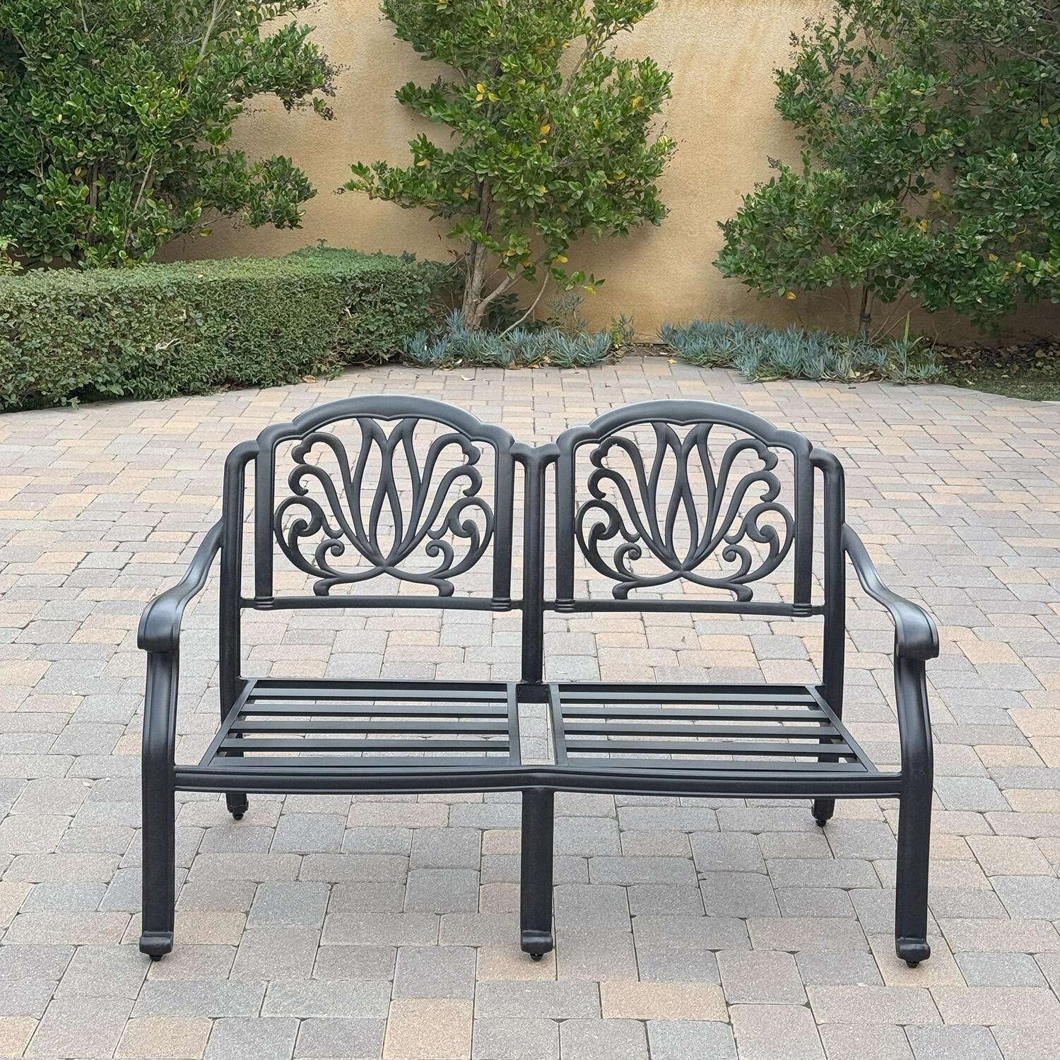 Darlee Elisabeth 5 Pc Cast Aluminum Fire Pit Seating Set w/ Loveseat, Sofa, Club Chair and Ottoman in Antique Bronze/Beige - Loveseat w/ no Cushion - Lifestyle thumbnail