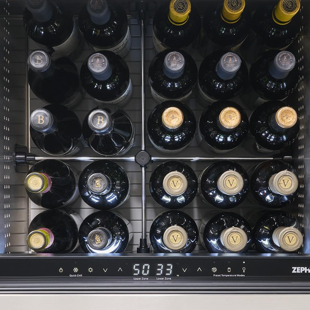 Zephyr PRRD24C2AS-OD Presrv 24-in 5.1 Cu. Ft. Dual Zone Outdoor Refrigerator Drawers - Wine Bottles - Detail thumbnail