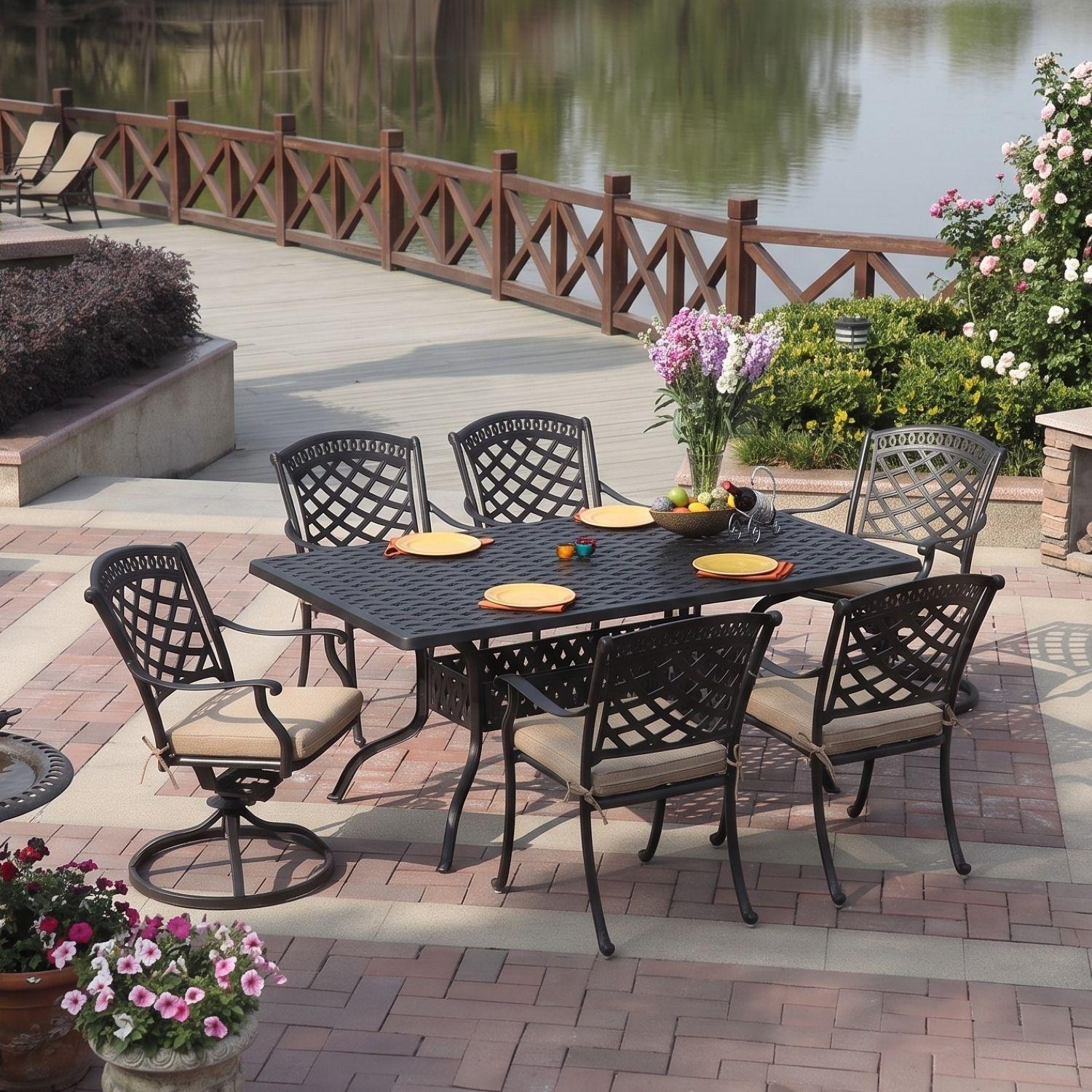 Sedona 7 Pc Cast Aluminum Dining Set w/ 72 X 42 Inch Series 30 Table & 2 Swivel Rockers in Antique Bronze/Beige Canvas by Darlee