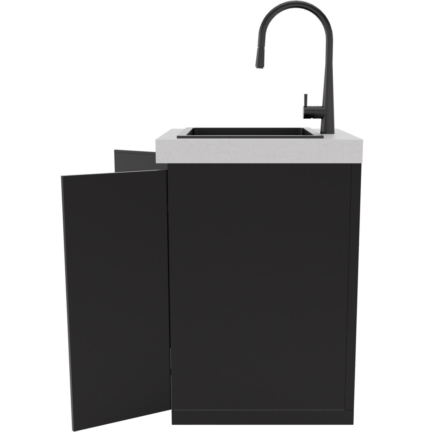 Everdure 6 Ft Outdoor Kitchen Island w/ Marine Grade Aluminum Cabinets in Black - Sink Module Open Side View - White Background thumbnail