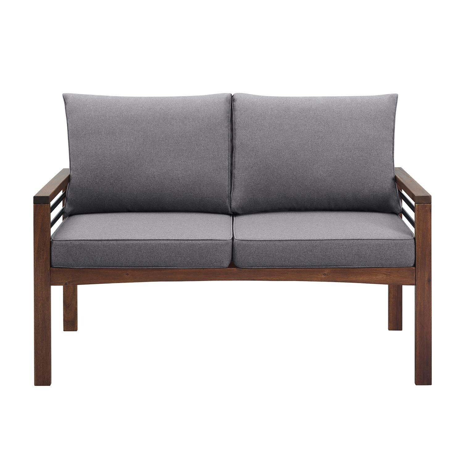 Ultimate Patio Land Bay Acacia & Steel Patio Loveseat W/ Gray Cushions - Dark Brown - Front View thumbnail