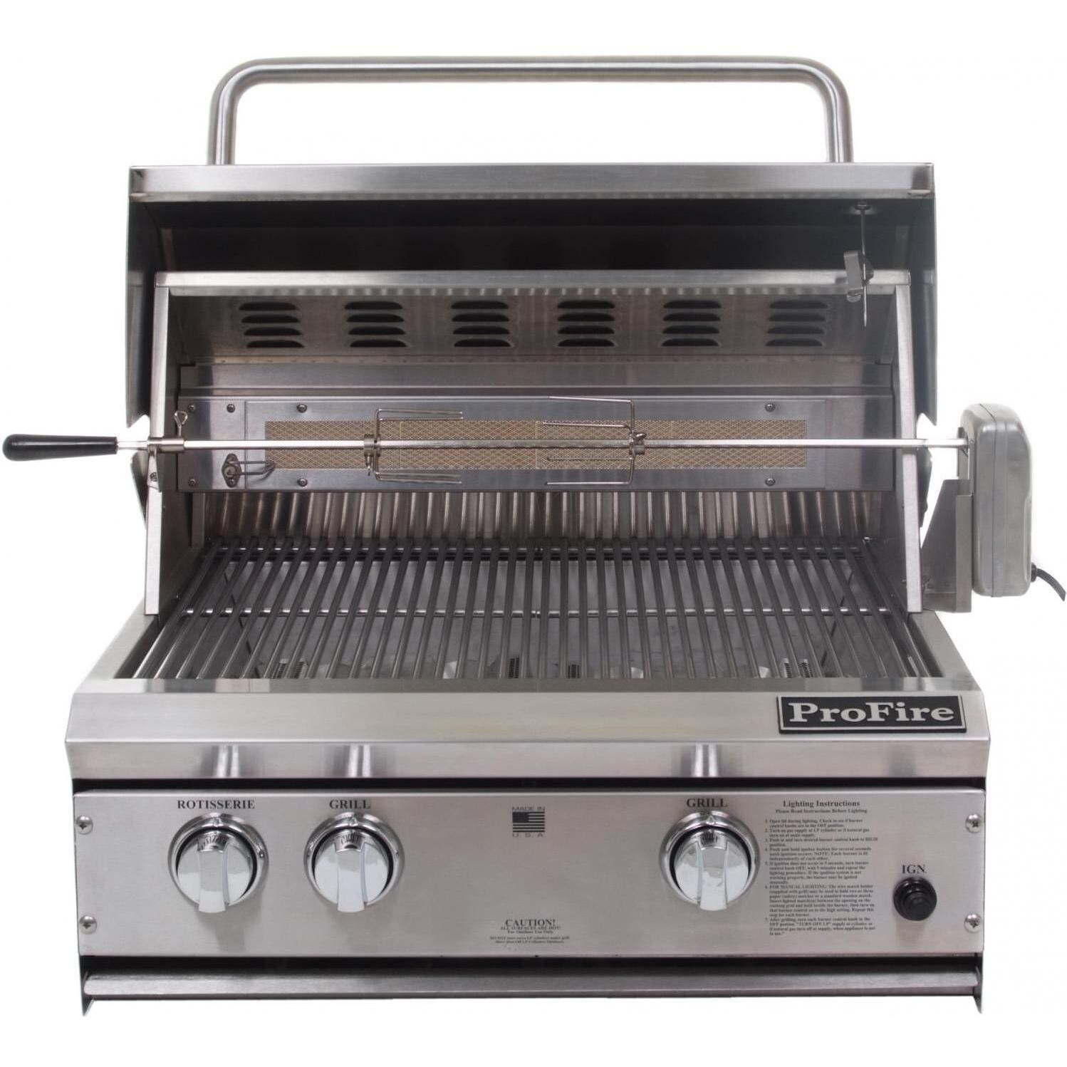 ProFire Professional Series 27-Inch Built-In Natural Gas Grill With Rotisserie - Hood Open thumbnail