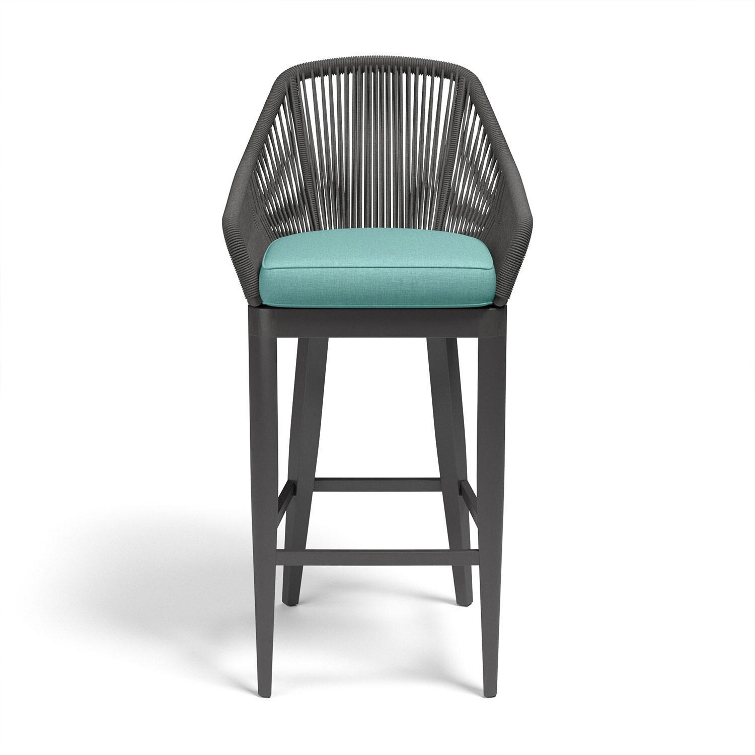 Milano Olefin Rope & Aluminum Patio Bar Stool in Dupione Celeste w/ Self Welt By Sunset West - Display - White Background thumbnail