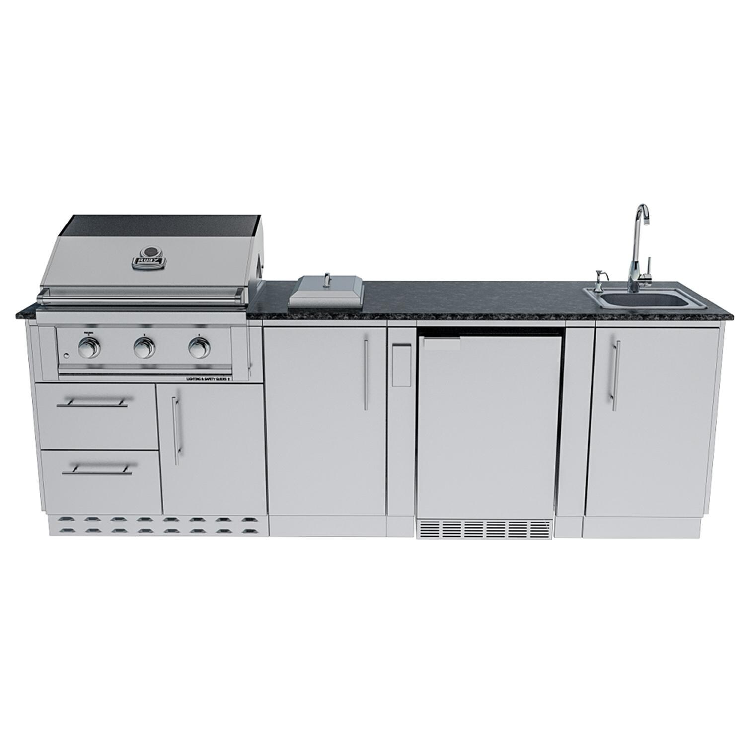 Sunstone Grills SCPBAYOU8.6-LP Bayou 8 1/2 Ft Outdoor Kitchen Island w/ Propane Grill & Side Burner, Sink, Refrigerator, Door & Drawer - Sink on End - White Background thumbnail