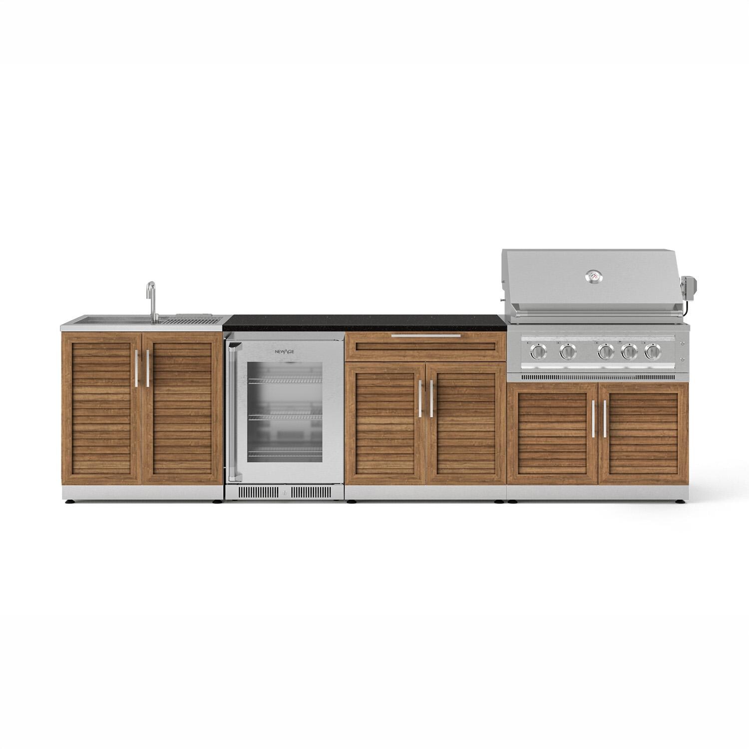 NewAge Products 72037 Classic Series 10 1/2 Ft Outdoor Kitchen Island w/ 36-in Propane Grill, Sink, Glass Door Refrigerator, Trash Bin, Door & Drawer in Grove/Nano Black - Island - White Background thumbnail