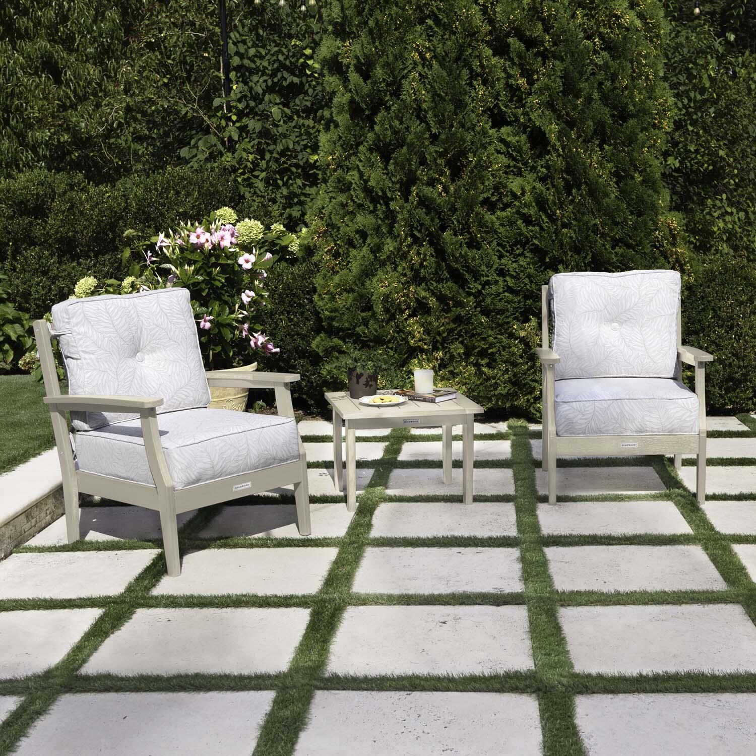 Blushing Bay 3 Pc Recycled Plastic Seating Set in Lively Parchment/Whitewash by Lakeview Outdoor Designs - Angled Left - Lifestyle thumbnail