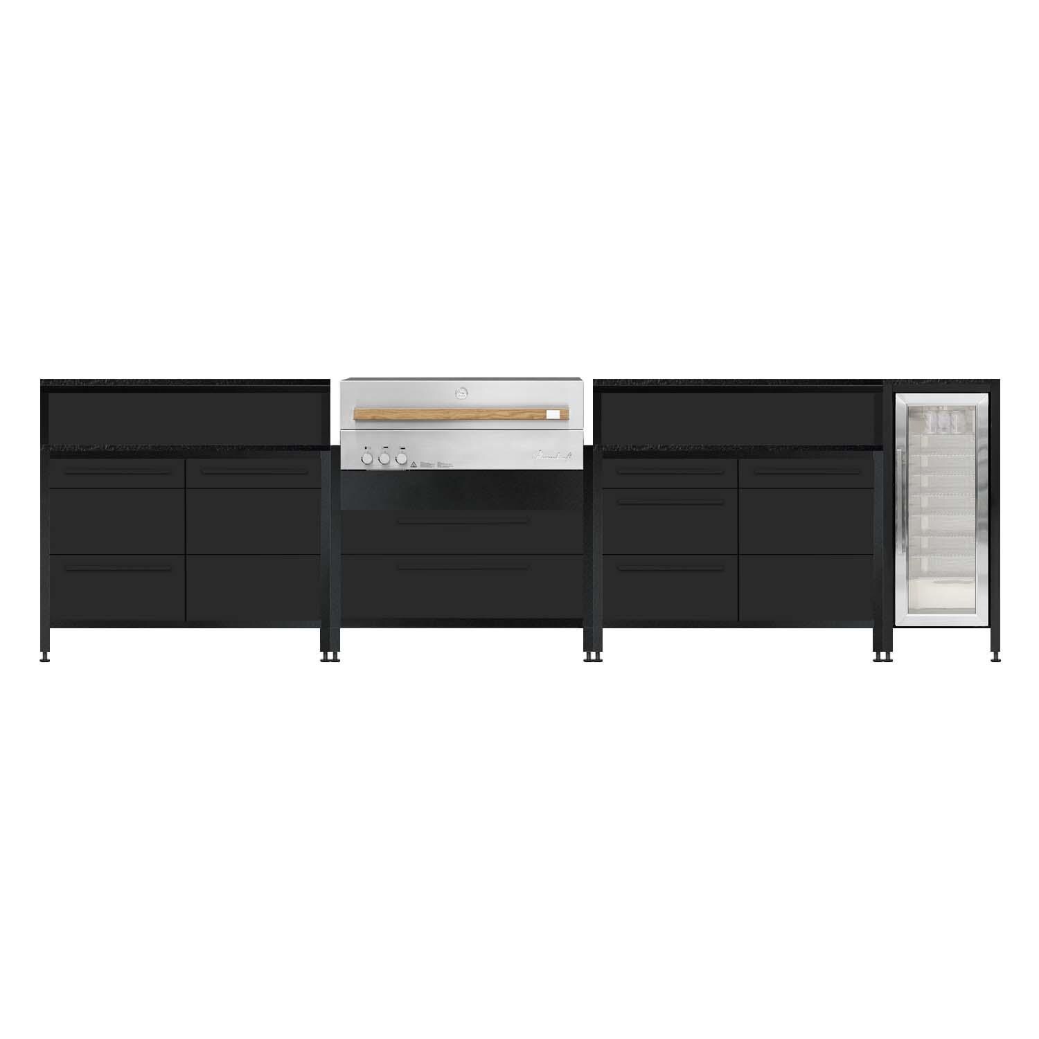 Burnout BBQ Modular Front-Lit Outdoor Kitchen Island w/ Flammkraft Model D Built-In Grill, Caso 4.4 Cu Ft. Refrigreator, Double Drawers, Propane Pullout, and Pullout Waste Bins- Shadow - White Background thumbnail