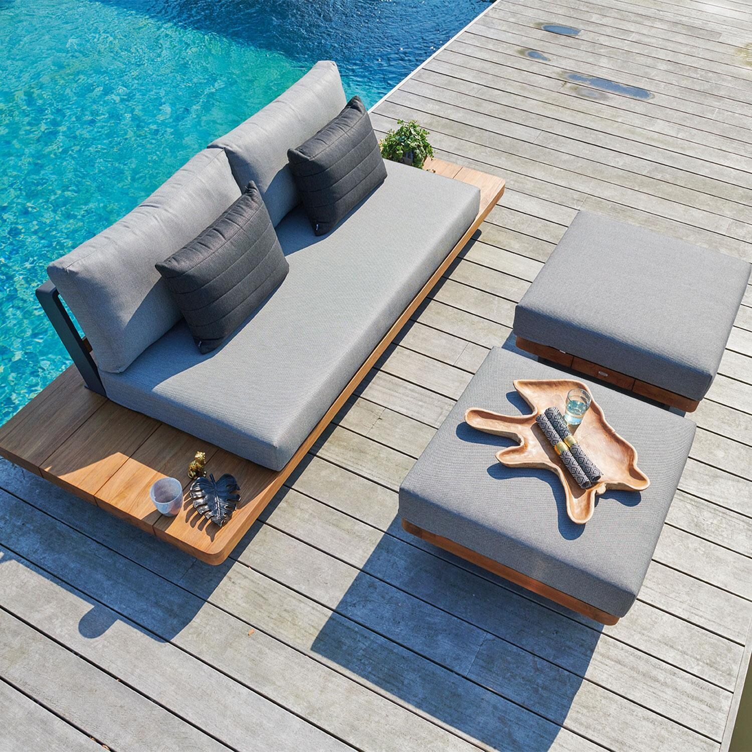 Fitz Roy Aluminum/Teak Ottoman in Lava By KETTLER - Styled W/ Lounge Set - Lifestyle thumbnail