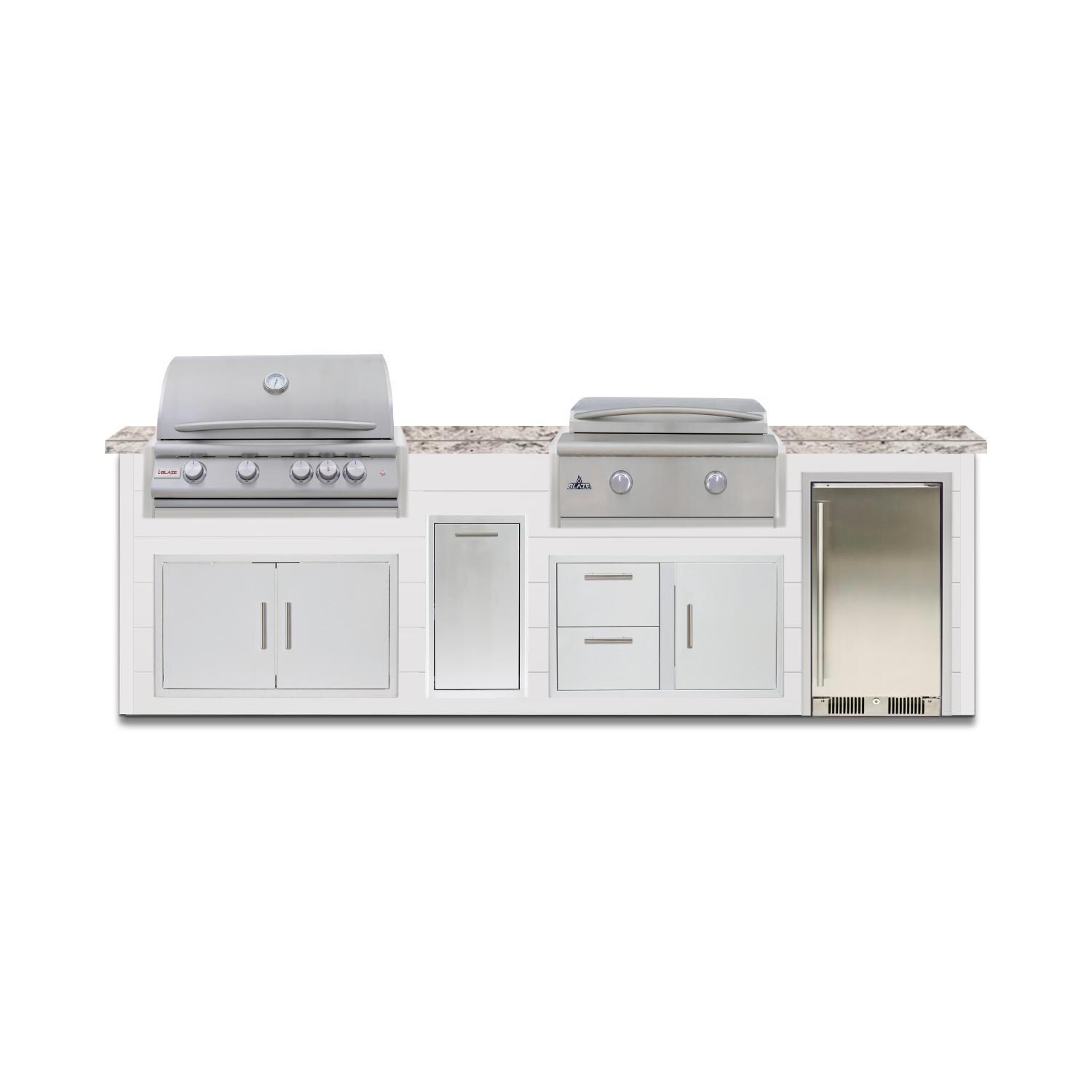 BBQGuys Signature 10 Ft Grill Island w/ 32 Inch Natural Gas Blaze Premium LTE+ Grill & Griddle, Narrow Trash Bin & Door & Drawer | Crystal White w/ White Granite - Front - White Background thumbnail