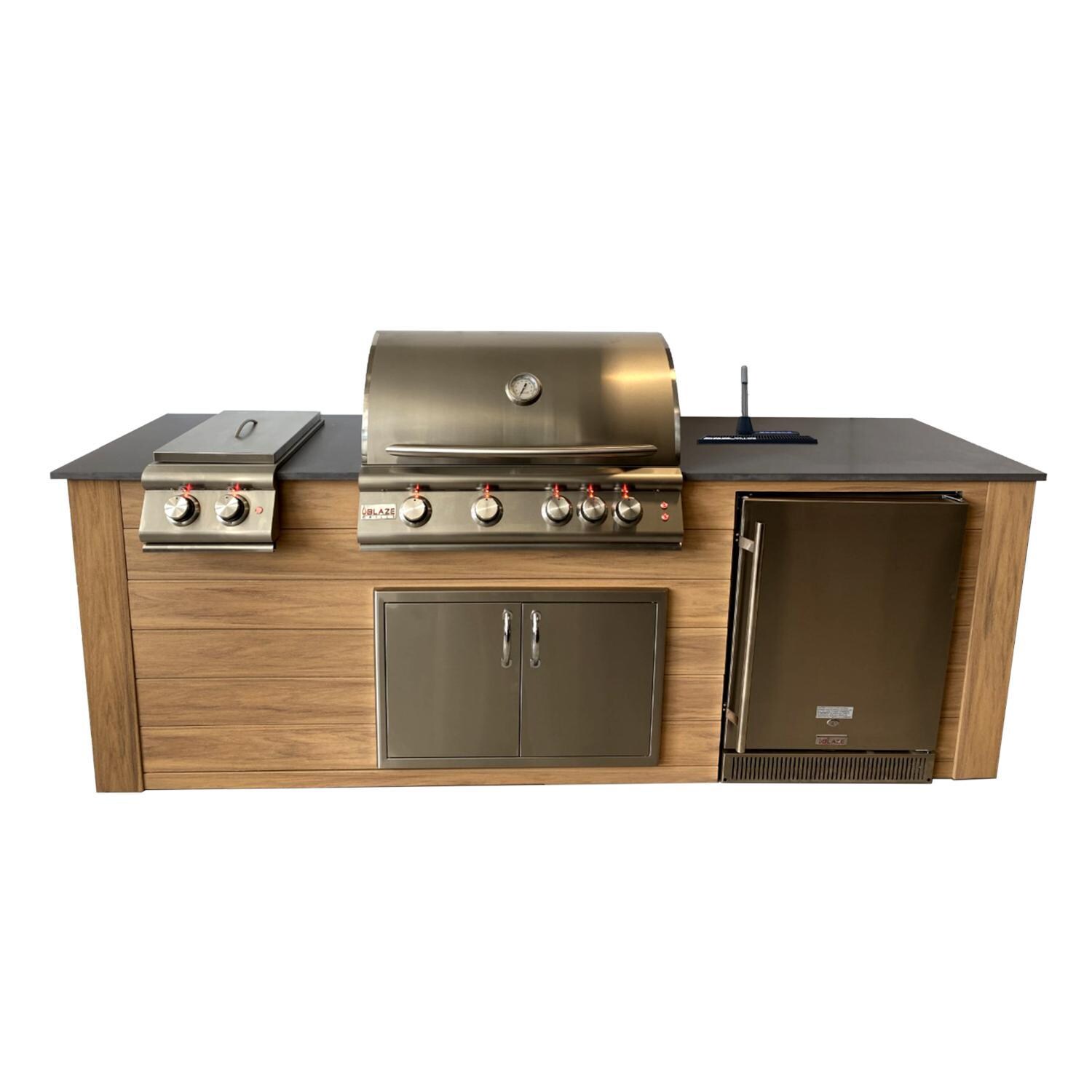 Pro-Fit 8-Foot Outdoor Kitchen Island W/ Blaze Premium LTE 32-Inch Propane Gas Grill, Double Side Burner, Refrigerator & Beverage Dispenser - Golden Cypress / Grigio Piombo Satin image
