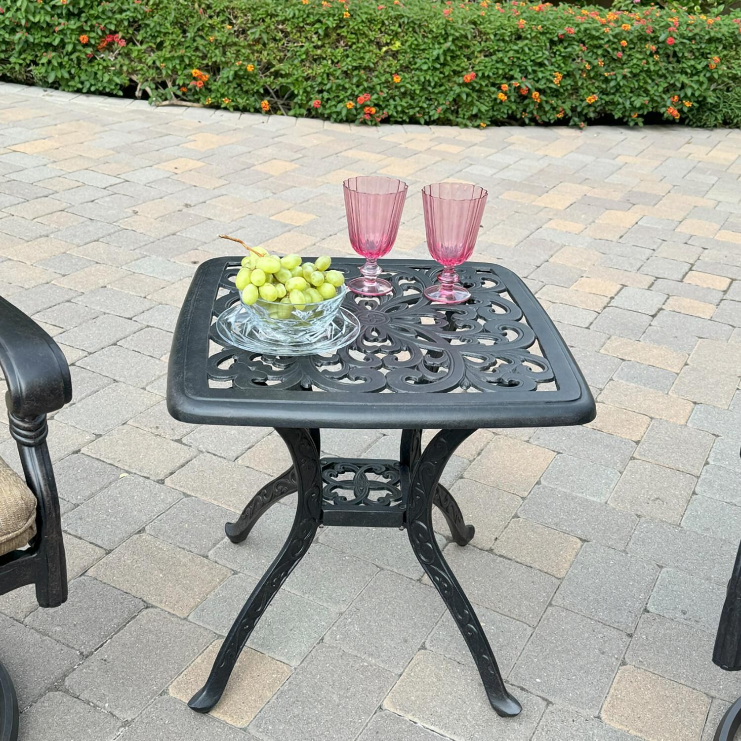 Darlee B/DL2052-3PCR-80S Santa Monica 3 Pc Cast Aluminum Dining Set w/ Square End Table in Antique Bronze - Table Side View - Lifestyle thumbnail