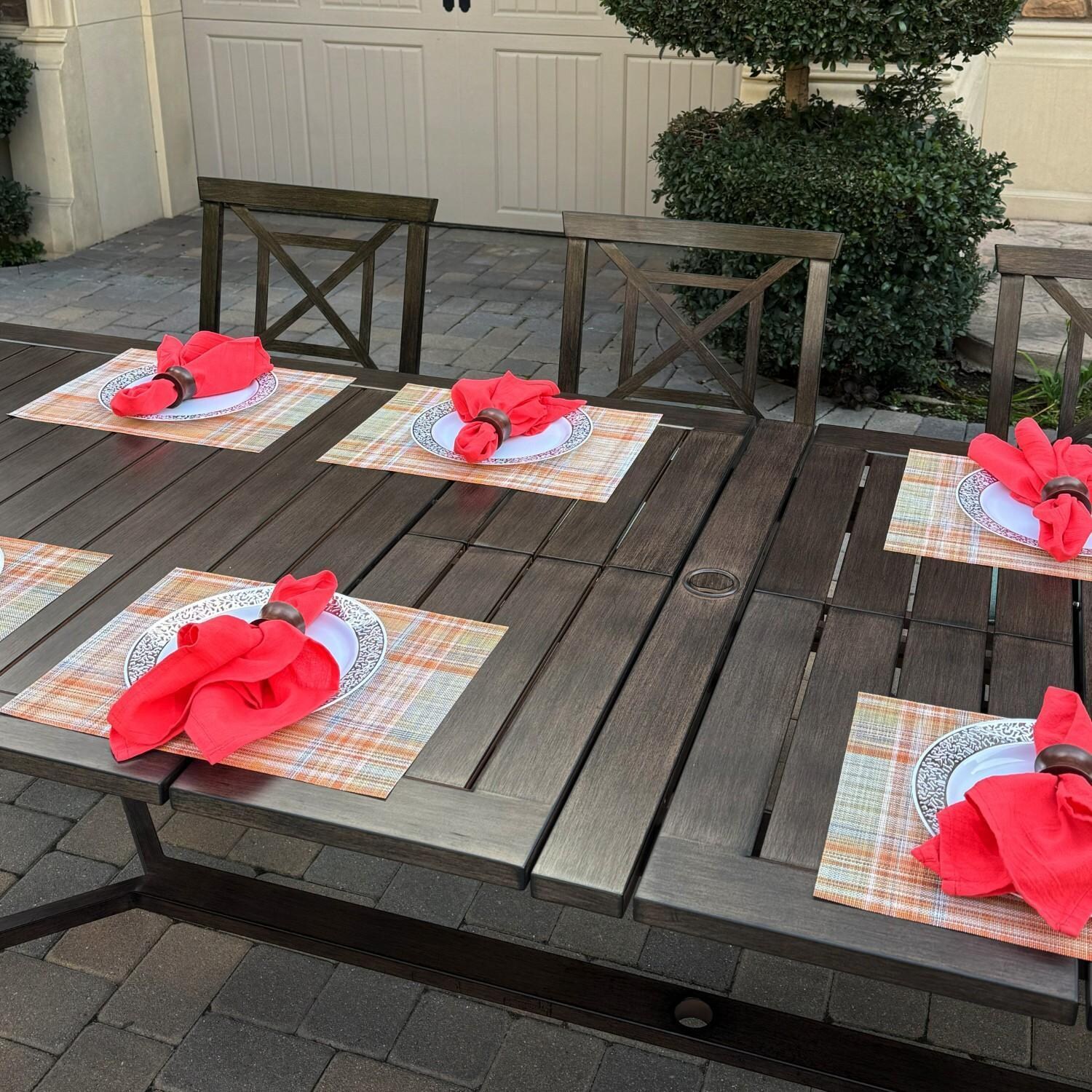 Atlantis 9 Pc Aluminum Dining Set w/ 4 Dining Side Chairs, 2 Swivel Rocker Dining Arm Chairs, 2 Two Person Benches & Extension Table in Walnut/Spa by Darlee - Table From Side - Lifestyle thumbnail