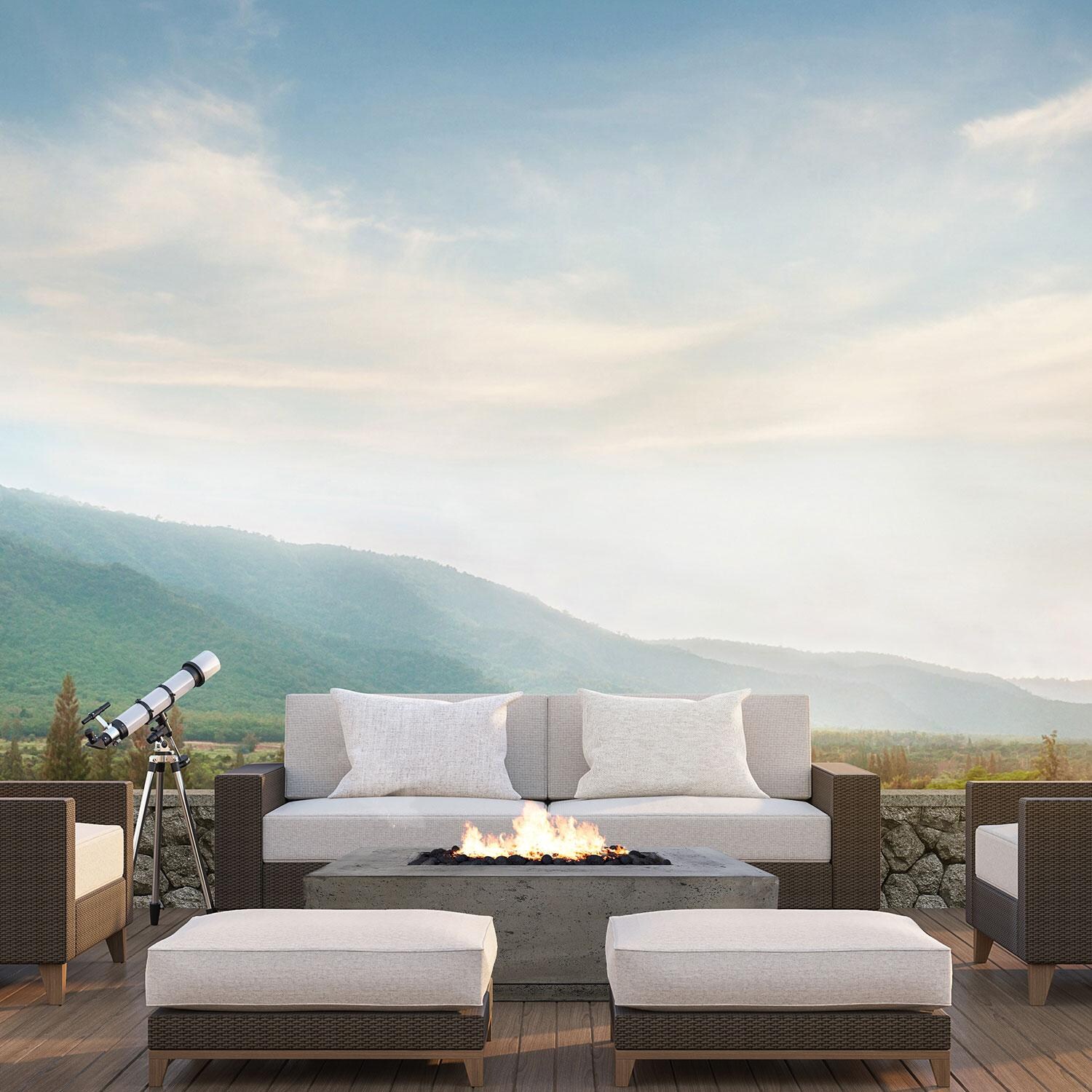 60-in Rectangular Concrete Natural Gas Fire Pit in Limestone by XO Appliance - Mountain View - Shown in Gray finish - Lifestyle thumbnail