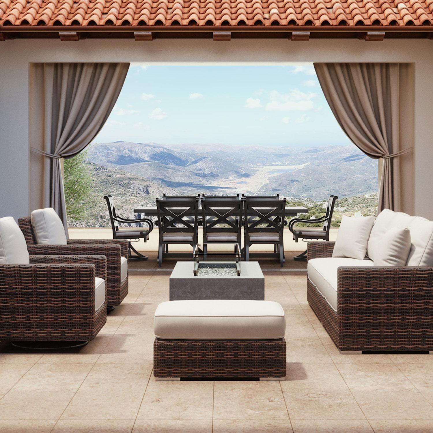 Montecito Wicker Patio Sofa in Canvas Henna w/ Self Welt By Sunset West - Outdoor Dining - Shown in Canvas Natural finish (Sold Separately) - Lifestyle thumbnail