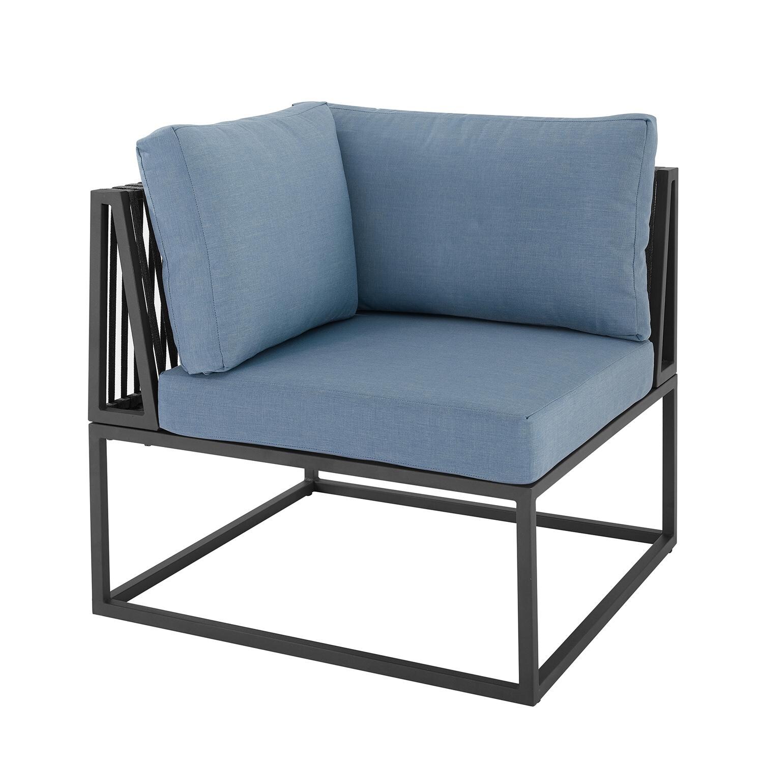 Walker Edison Trinidad Steel Patio Corner Sectional Club Chair W/ Blue Cushions image