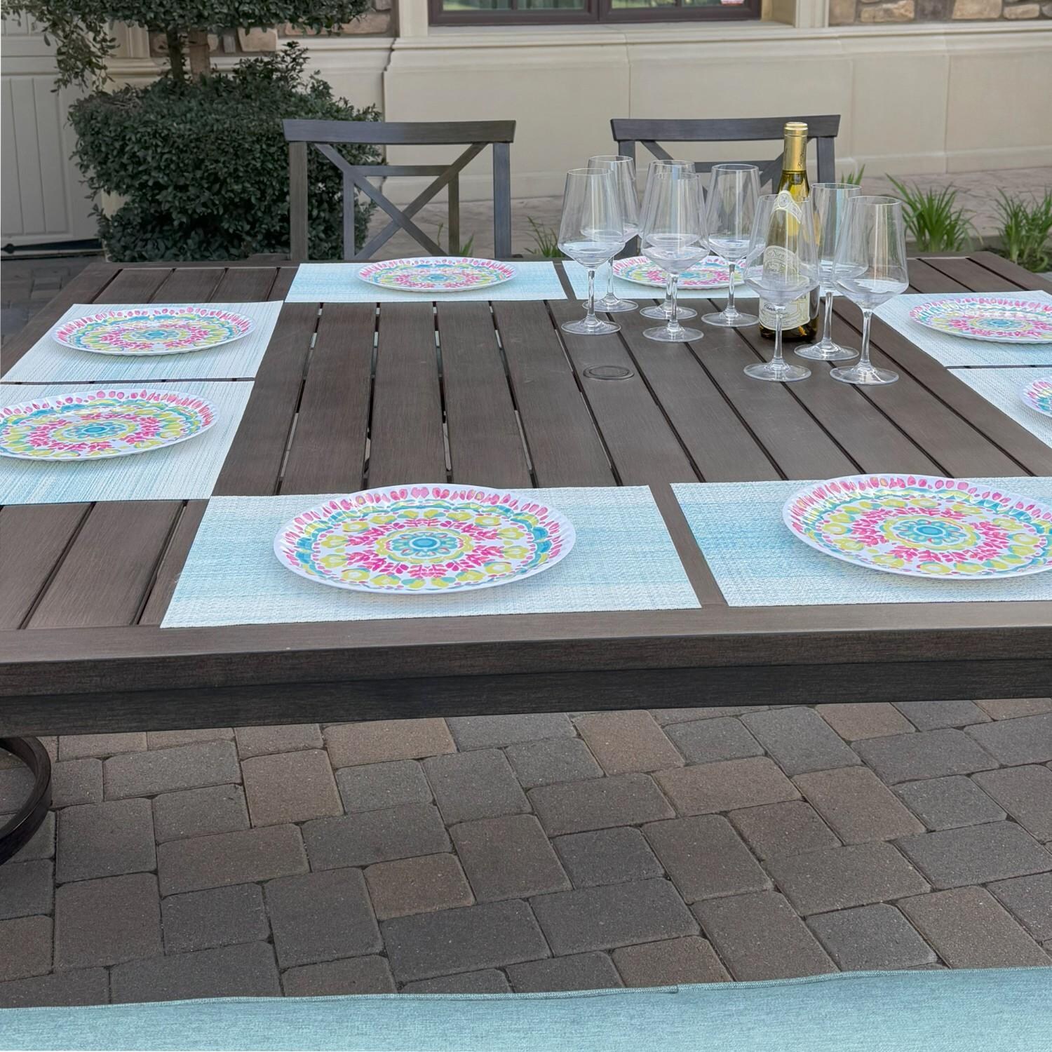 Atlantis 8 Pc Aluminum Dining Set w/ 6 Swivel Rocker Dining Arm Chairs & Two Person Bench in Walnut/Spa by Darlee - Table Top - Lifestyle thumbnail