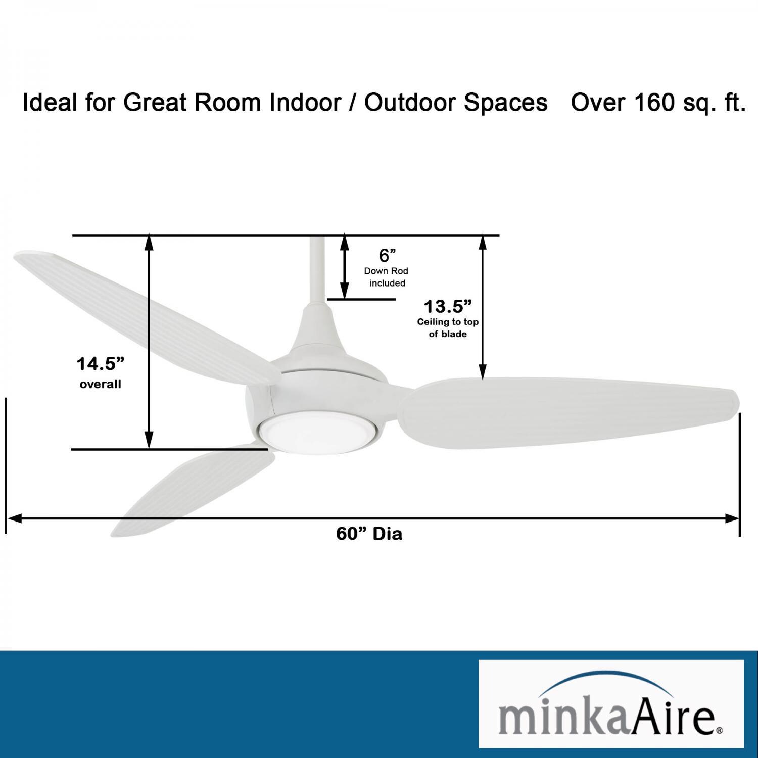 Minka-Aire F675L-WHF Seacrest 60-Inch 3-Blade LED Ceiling Fan in Flat White Finish w/ Flat White Blades & Etched Glass - Dimensions thumbnail
