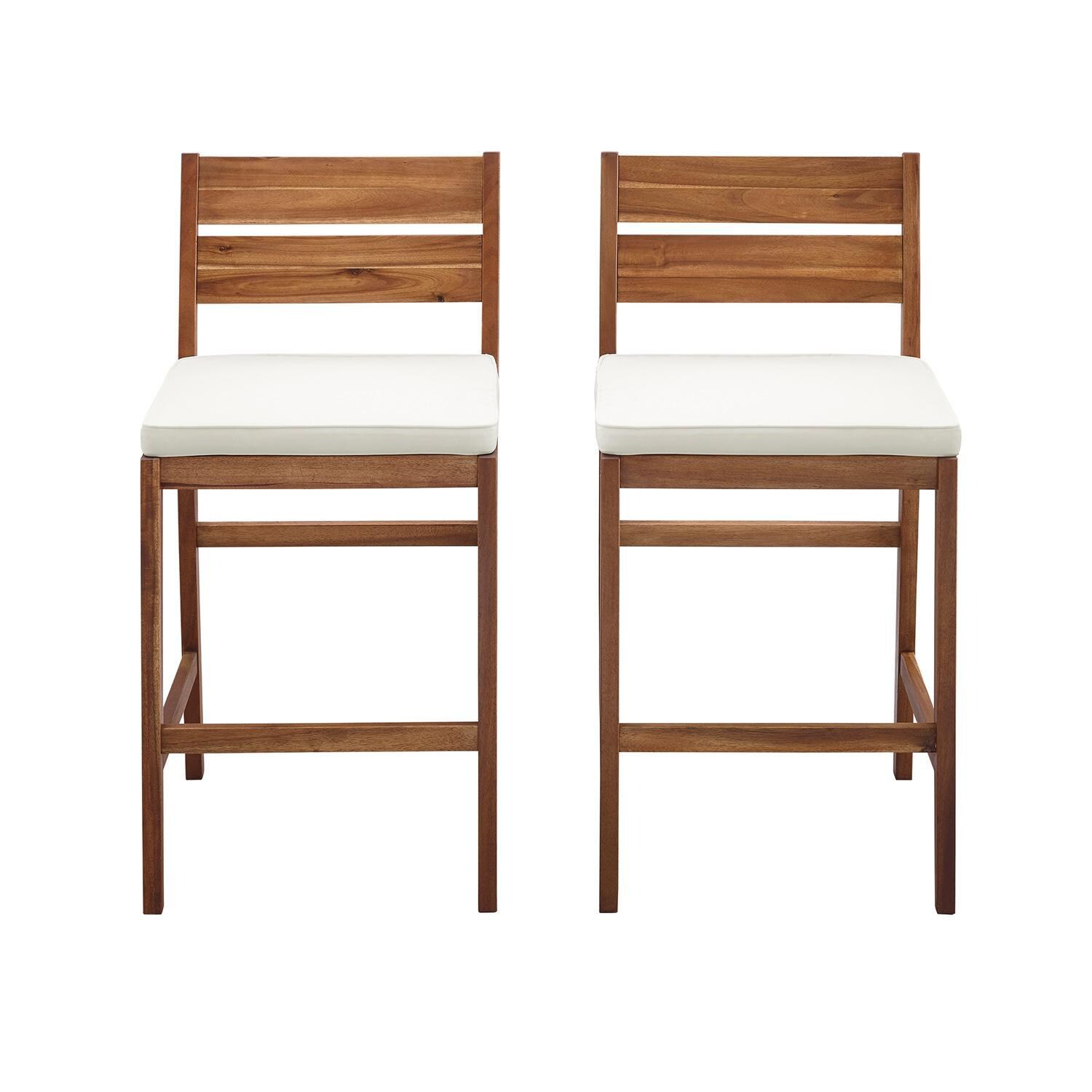 Ultimate Patio 2 Piece Acacia Patio Counter Height Bar Stool Set W/ Off-White Cushions - Brown thumbnail