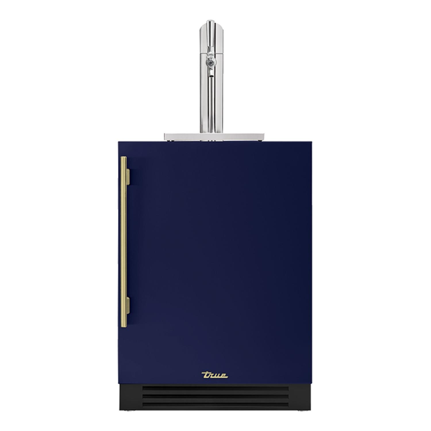 True TUR-24BD-R-OP-C~DSK-078-H01 24 Inch Right Hinge Outdoor Single Tap Beverage Dispenser - Cobalt w/ Brass Handle - White Background thumbnail