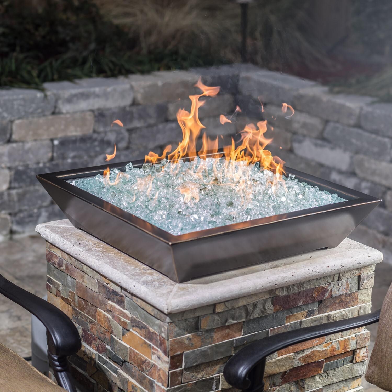 BBQGuys Signature Series Westfalen 18-Inch Square Low-Rise Natural Gas Fire Bowl - Oil Rubbed Bronze - Angled - Shown With Ice Non-Reflective Fire Glass thumbnail