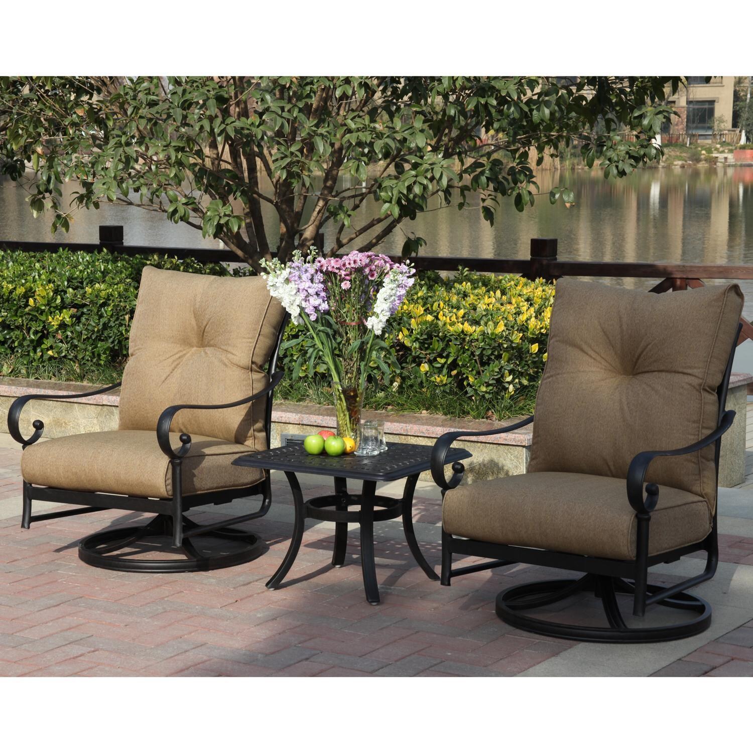 Santa Anita 3 Pc Cast Aluminum Patio Conversation Set w/ 24-in Square End Table & Heather Beige Sunbrella Cushions By Darlee - Lifestyle thumbnail