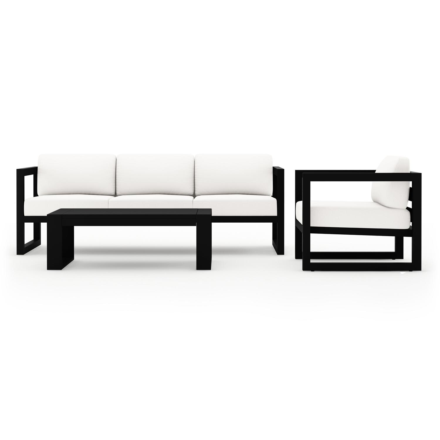 Misty Cove 3 Pc Aluminum Seating Set w/ Sofa & Portal Coffee Table in Black/Canvas Natural by Lakeview Outdoor Designs