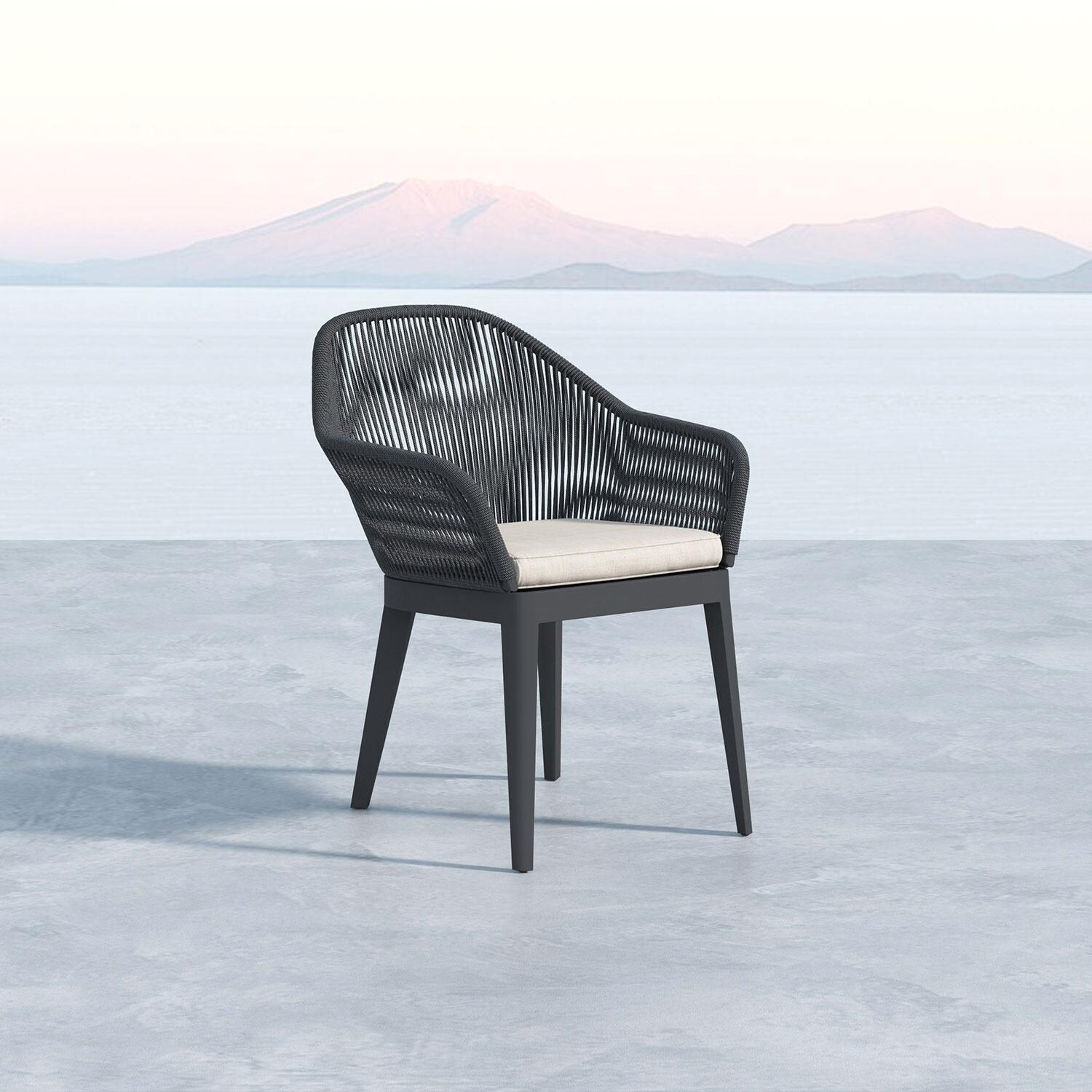 Milano Olefin Rope & Aluminum Patio Dining Chair in Dupione Celeste w/ Self Welt By Sunset West - Oceanside - Shown in Echo Ash finish - Lifestyle thumbnail