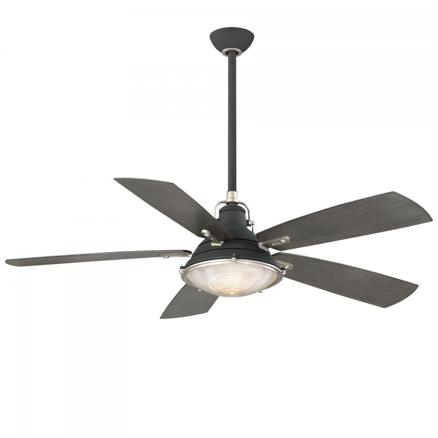Minka-Aire F681L-SDBK/WS Groton 56-Inch 5-Blade LED Ceiling Fan in Sand Black & Weathered Steel Finish w/ Charcoal Driftwood Blades & Clear Fresnel Lens - On White Background thumbnail