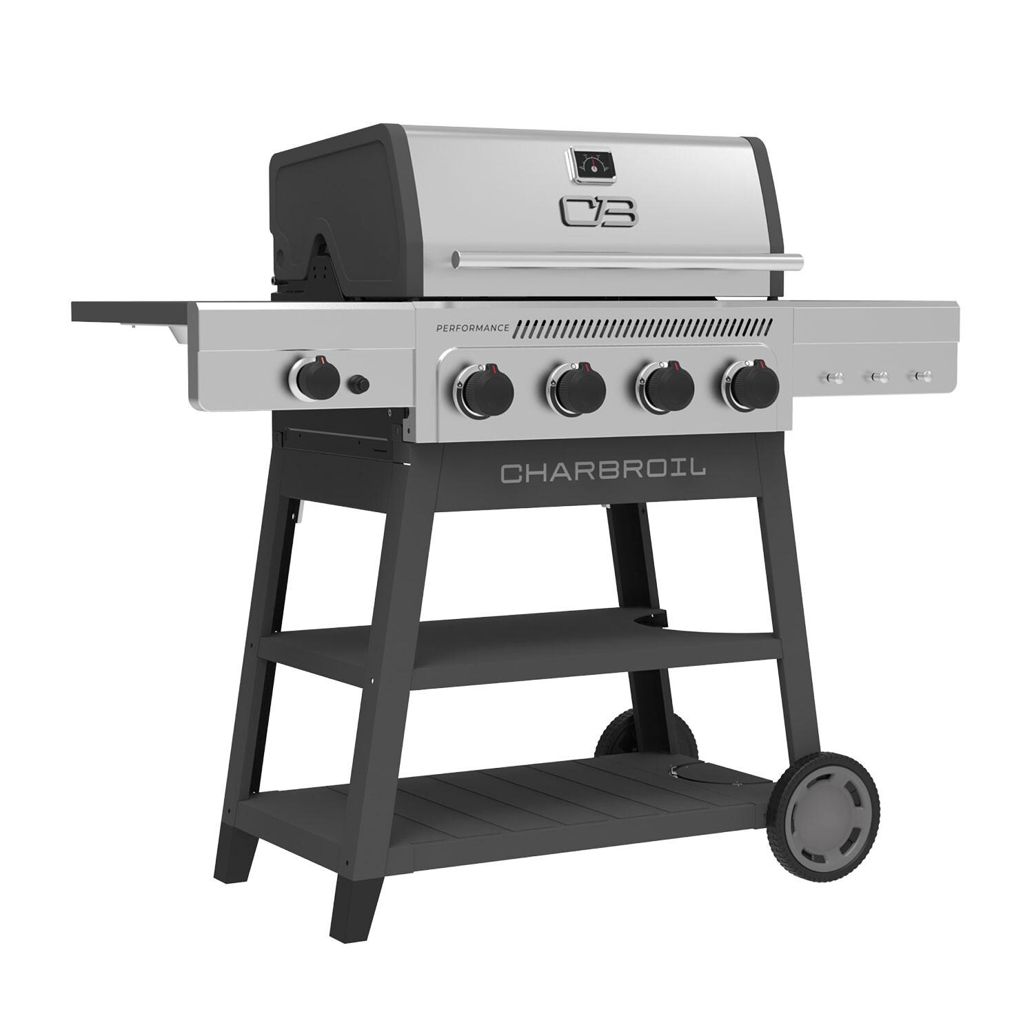 Charbroil 463349325 Performance Series 4-Burner Propane Grill A-Frame Cart W/ Side Burner - Black & Stainless Steel - Right Angle - White Background  thumbnail