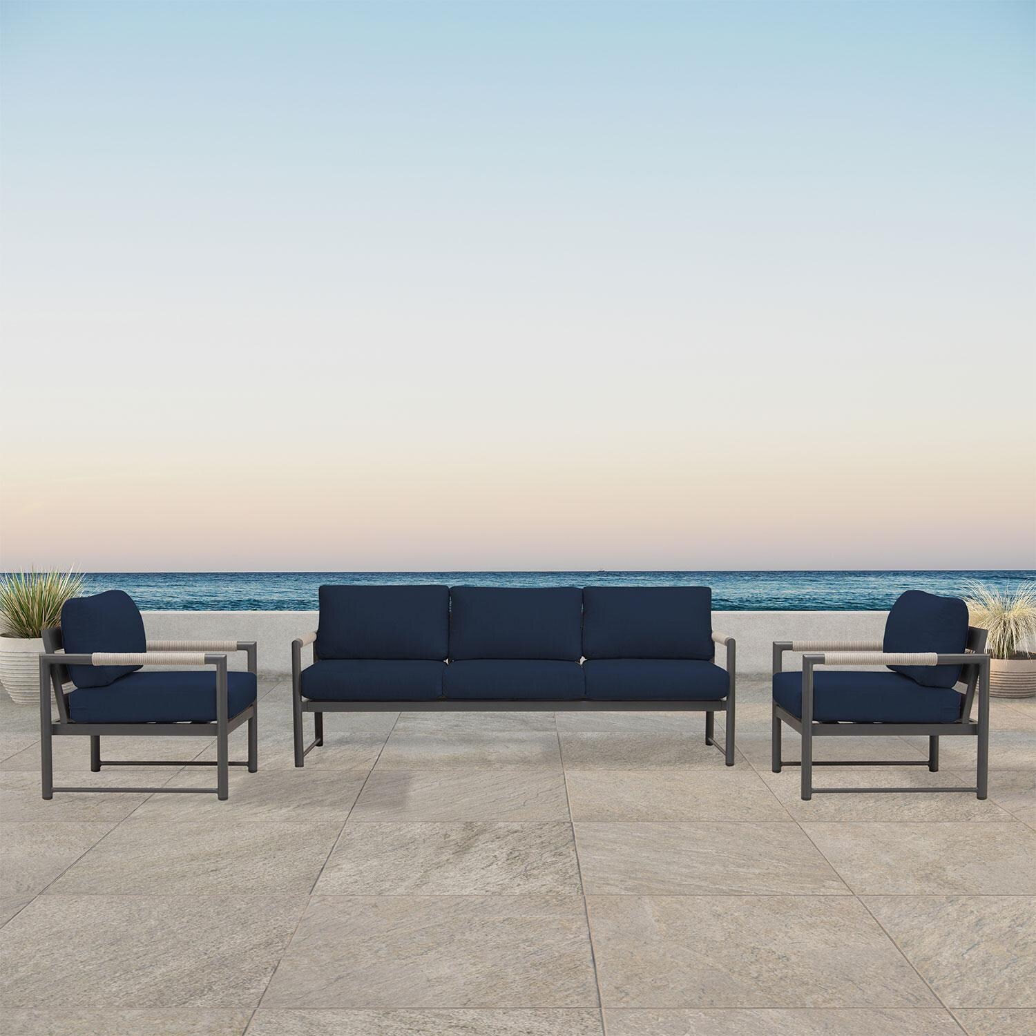 Avenue Bay 3 Pc Aluminum Sofa Club Chair Set in Slate/Spectrum Indigo by Lakeview Outdoor Designs