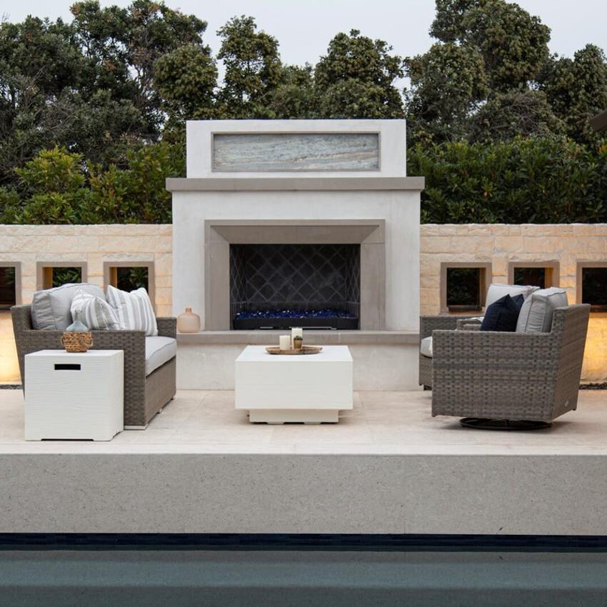 Sunset West Majorca 5 Piece Resin Wicker Patio Conversation Set W/ Coffee Table, Tank Cover, & Sunbrella Cast Silver Cushions image
