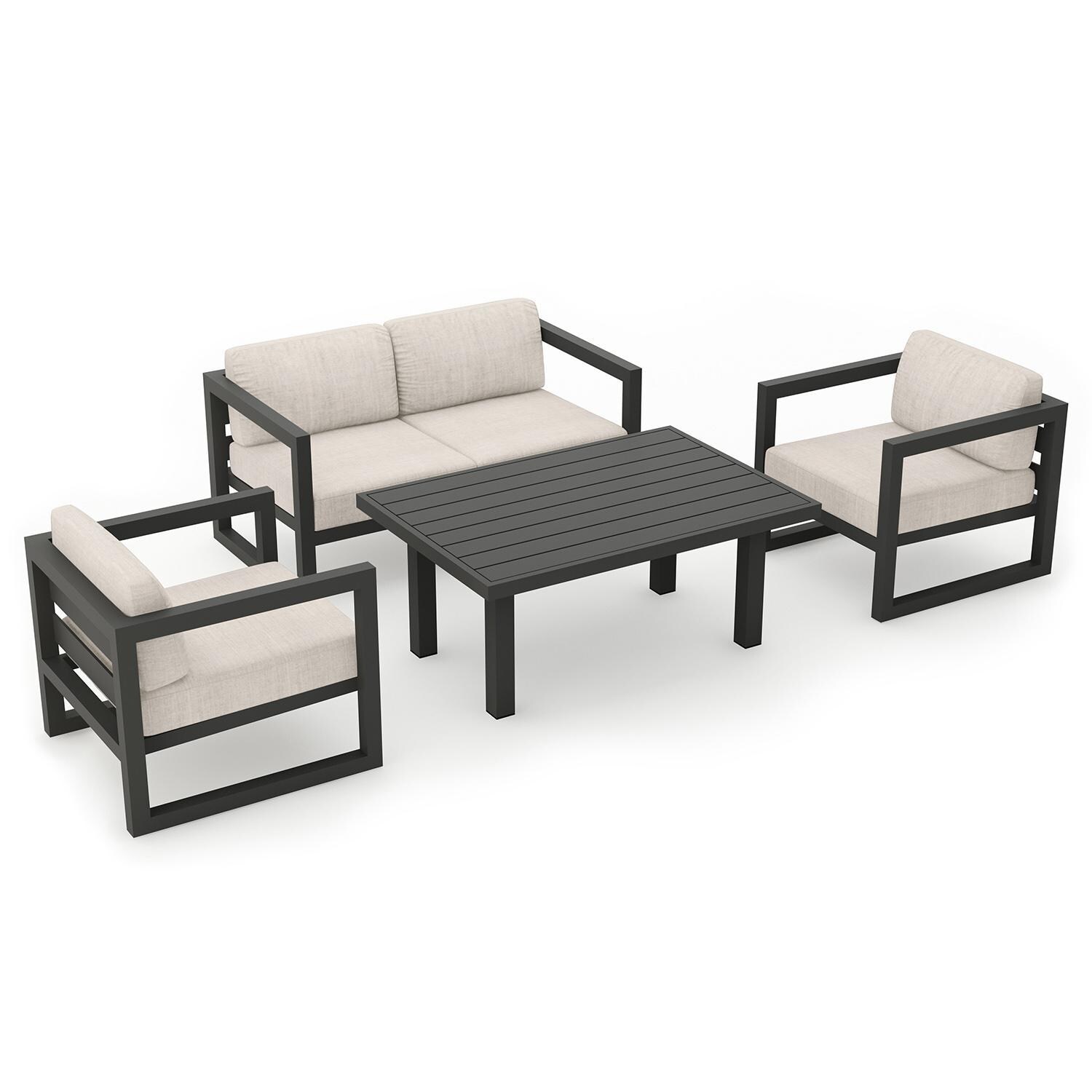Misty Cove 4 Piece Seating Set in Slate w/Chat Table & Cast Silver Cushions by Lakeview - Top Angle View - White Background thumbnail