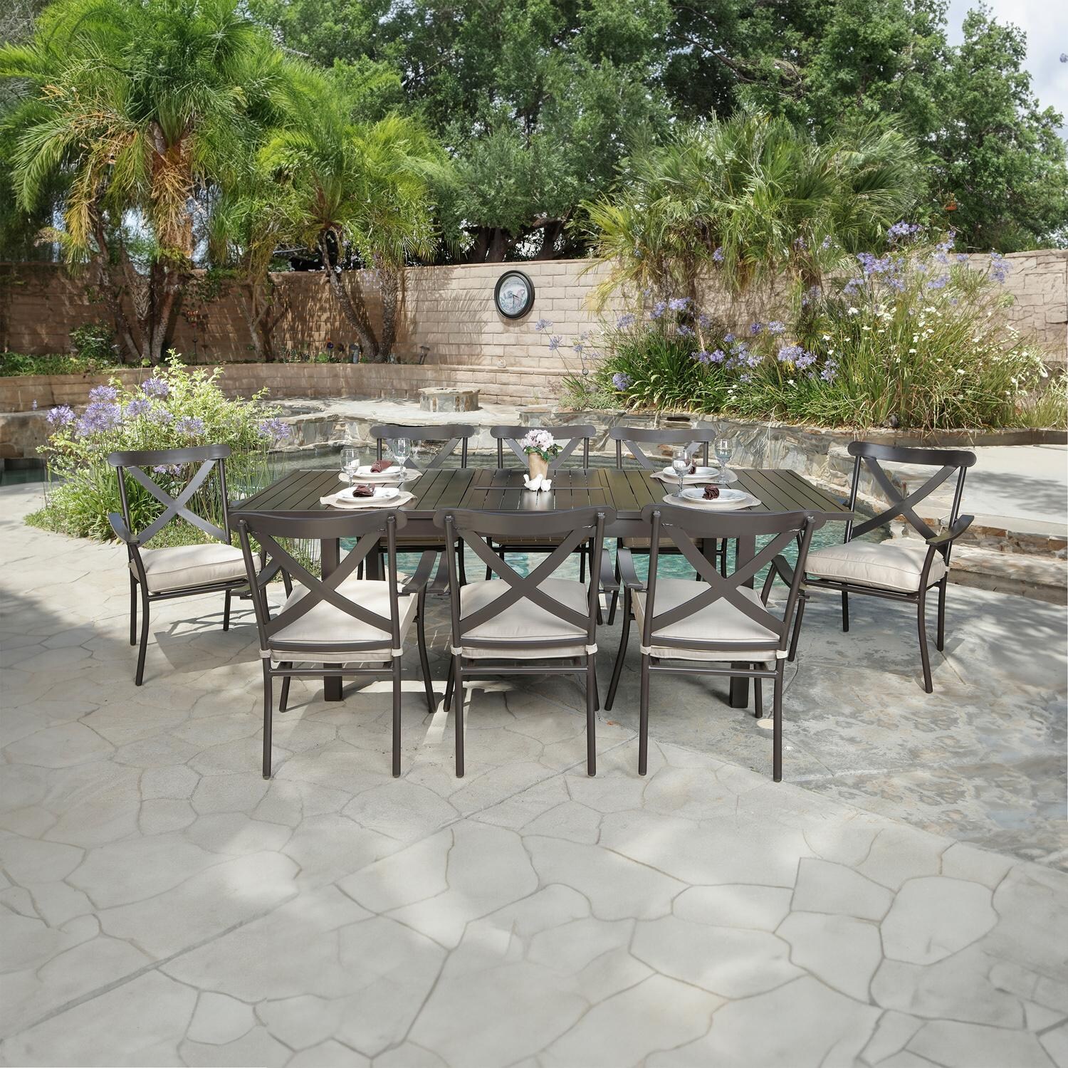 Lakeview Outdoor Designs Conde 9 Piece Aluminum Patio Dining Set W/  68-91 X 39-Inch Rectangular Extension Table & White Cushions thumbnail