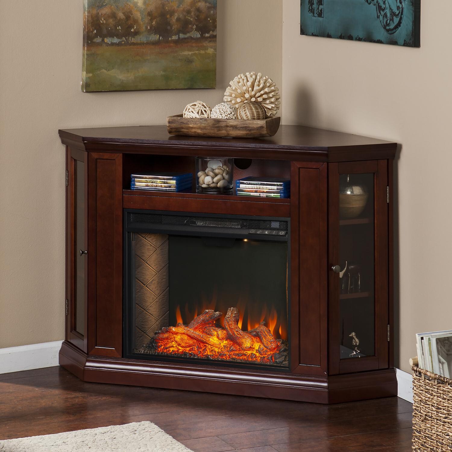 Southern Enterprises FS9310 Claremont 48-Inch Electric Fireplace Corner Convertible Mantel W/ Alexa-Enabled Smart Firebox - Cherry - Corner Installation thumbnail