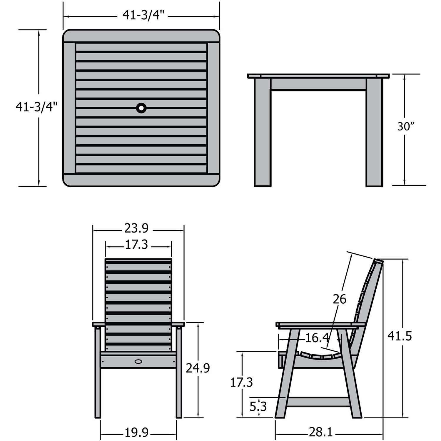 Elm Pointe 5 Pc Square Dining Set in Whitewash By Lakeview Outdoor Designs - Dimensional thumbnail