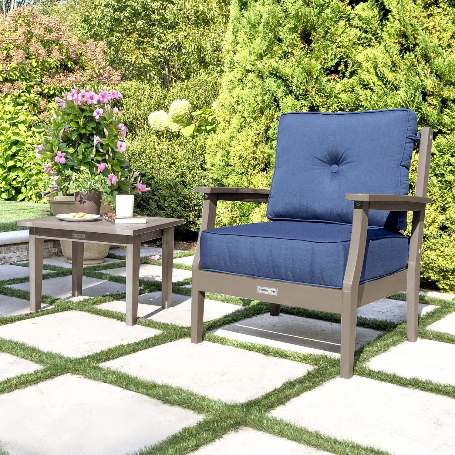 Blushing Bay 3 Pc Recycled Plastic Seating Set in Spectrum Indigo/Woodland Brown by Lakeview Outdoor Designs - Close Up - Lifestyle thumbnail