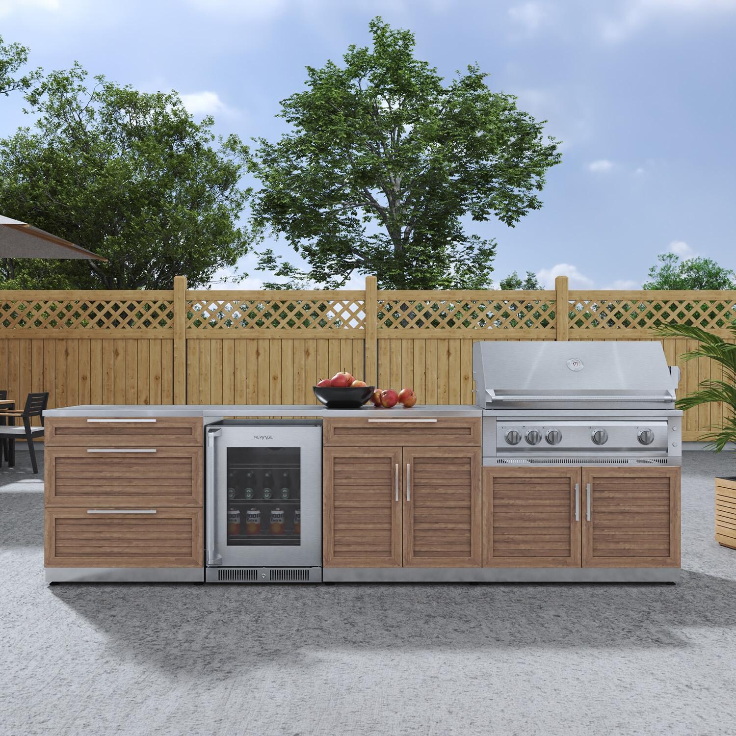 NewAge Products 67919 Classic Series 10 1/2 Ft Outdoor Kitchen Island w/ 40-in Natural Gas Grill, Glass Door Refrigerator, Trash Bin, Door & Drawer in Grove/Stainless Steel - On Patio - Lifestyle thumbnail