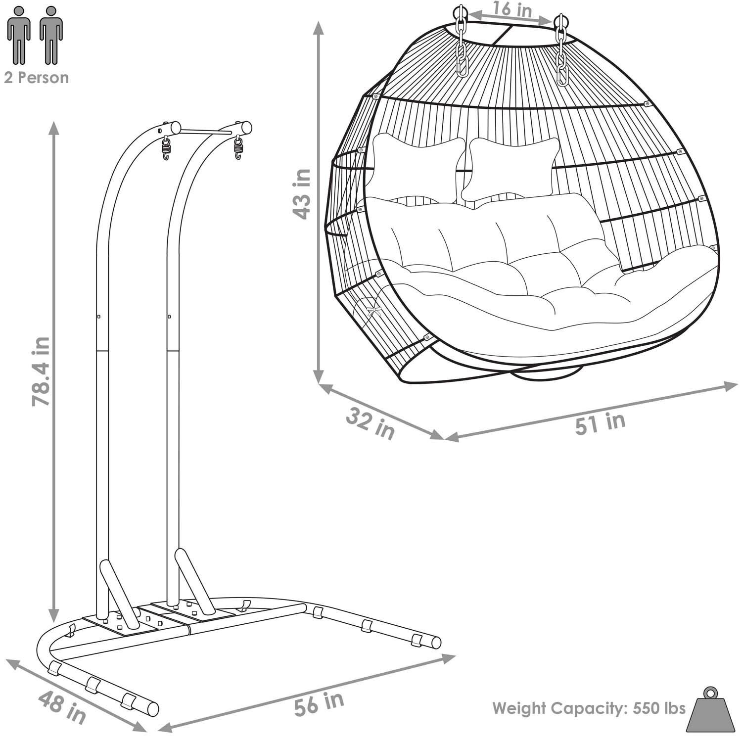 Loveseat Egg Chair w/ Cushion & Stand By Ultimate Patio - Dimensional thumbnail