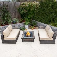 Gentilly 3 Piece Wicker Patio Fire Pit Sectional Set W/ Sunbrella Canvas Antique Beige Cushions By Lakeview Outdoor Designs image
