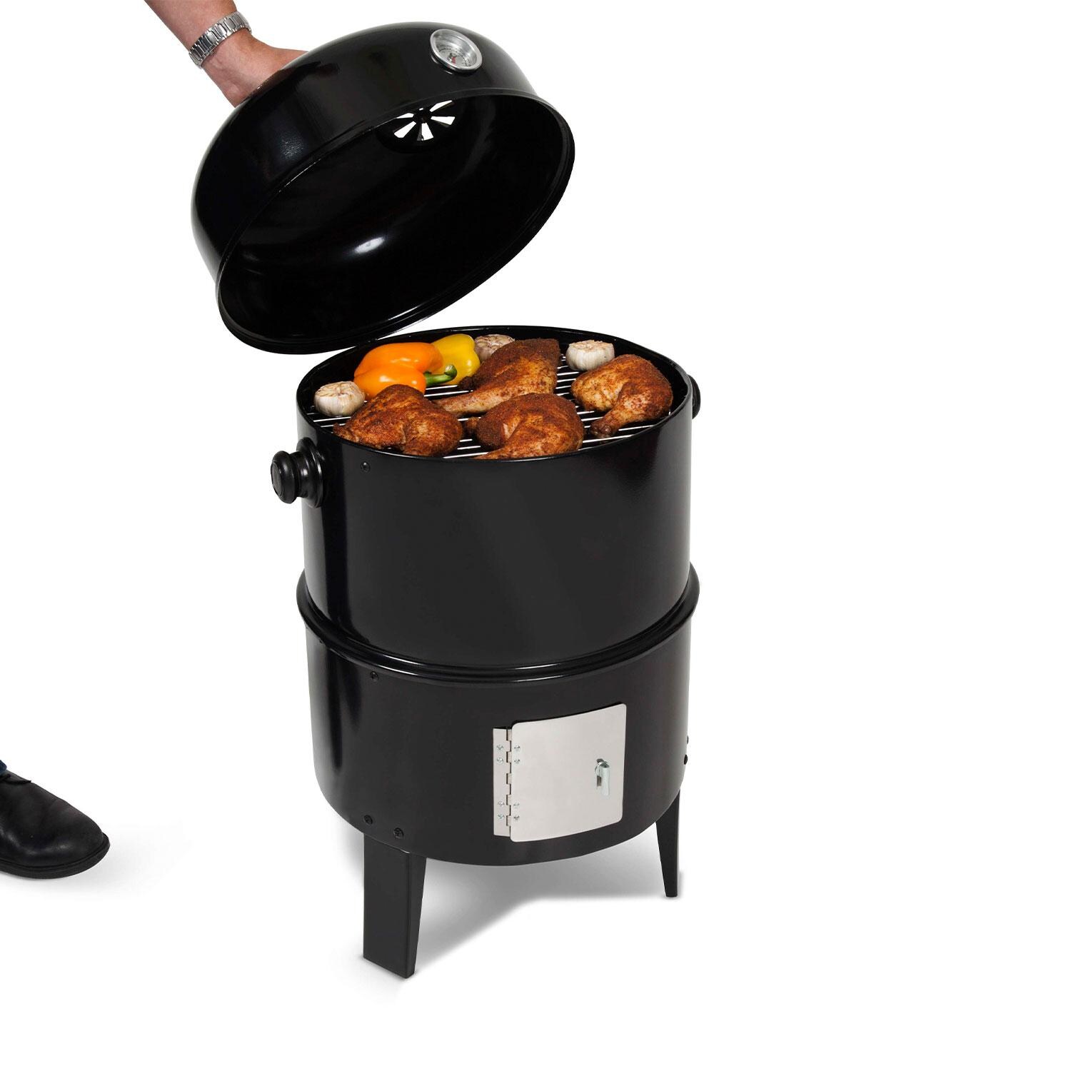 GrillPro 31816 Traditional Charcoal Smoker - Lid Up w/ Food Grilling - White Background thumbnail