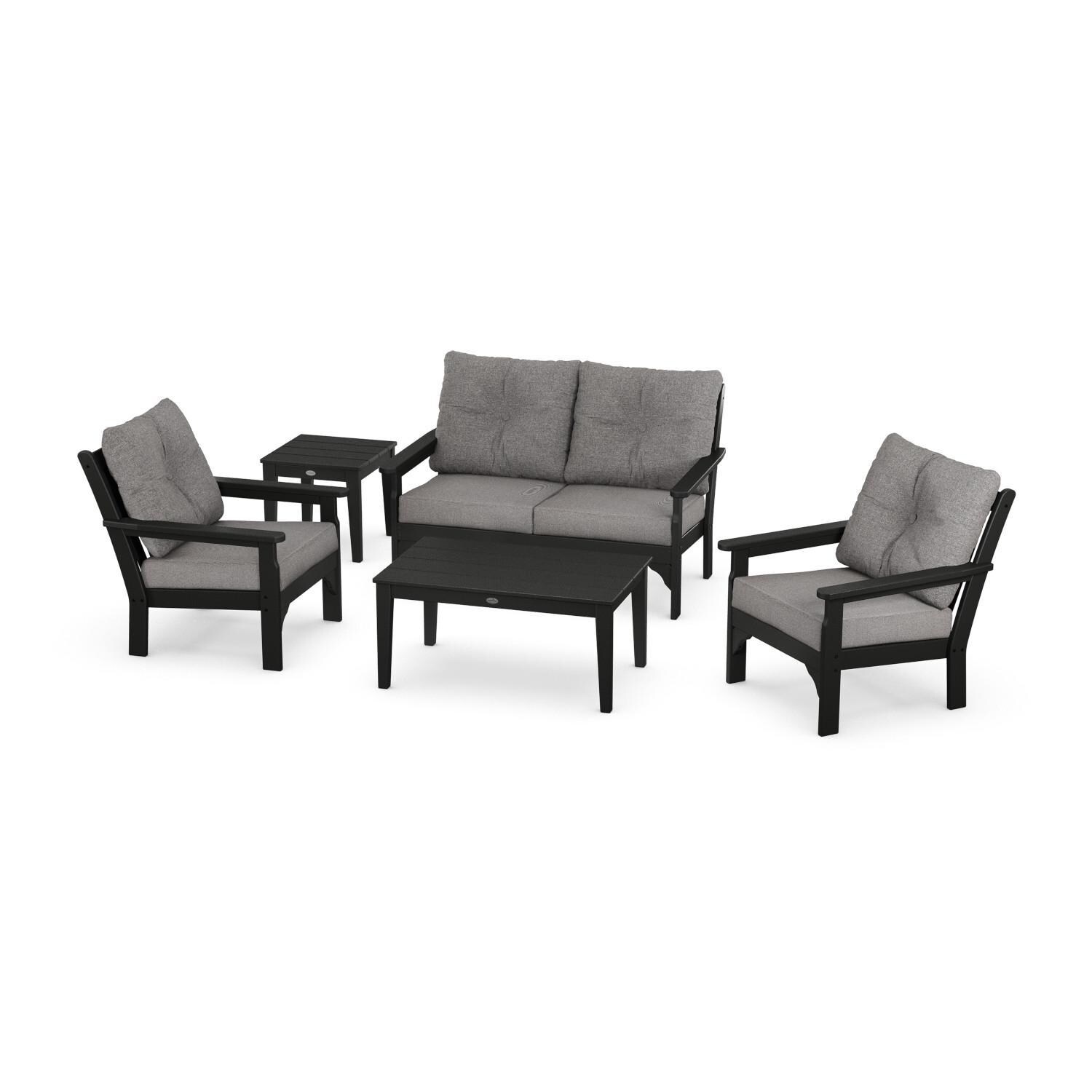 Vineyard 5 Pc Recycled Plastic Loveseat Seating Set in Black/Gray Mist by POLYWOOD