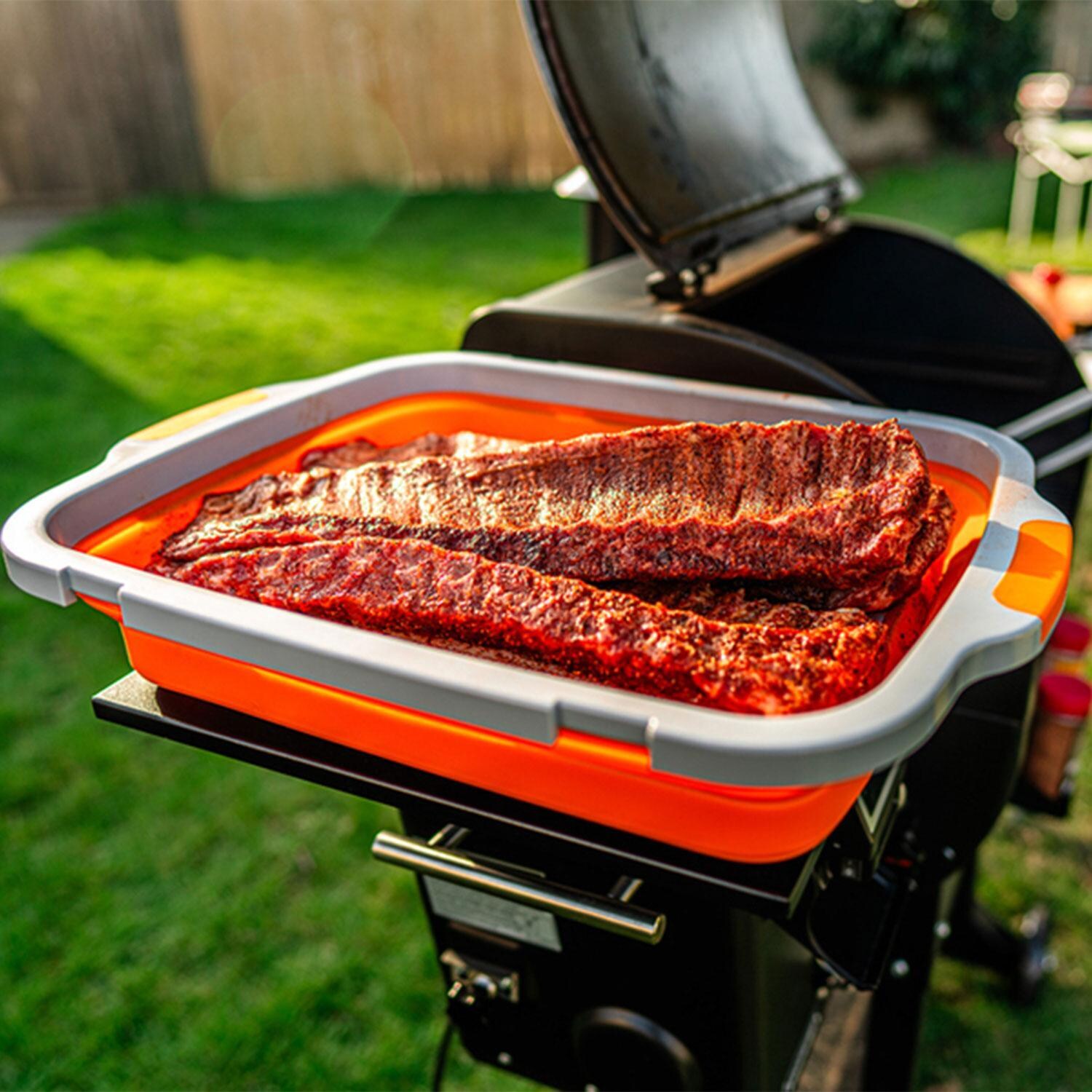 Drip EZ TUBV2-XL-1 V2 XL BBQ Prep Tub - Classic Orange - Finished Ribs in Tub - Grilling - Lifestyle thumbnail